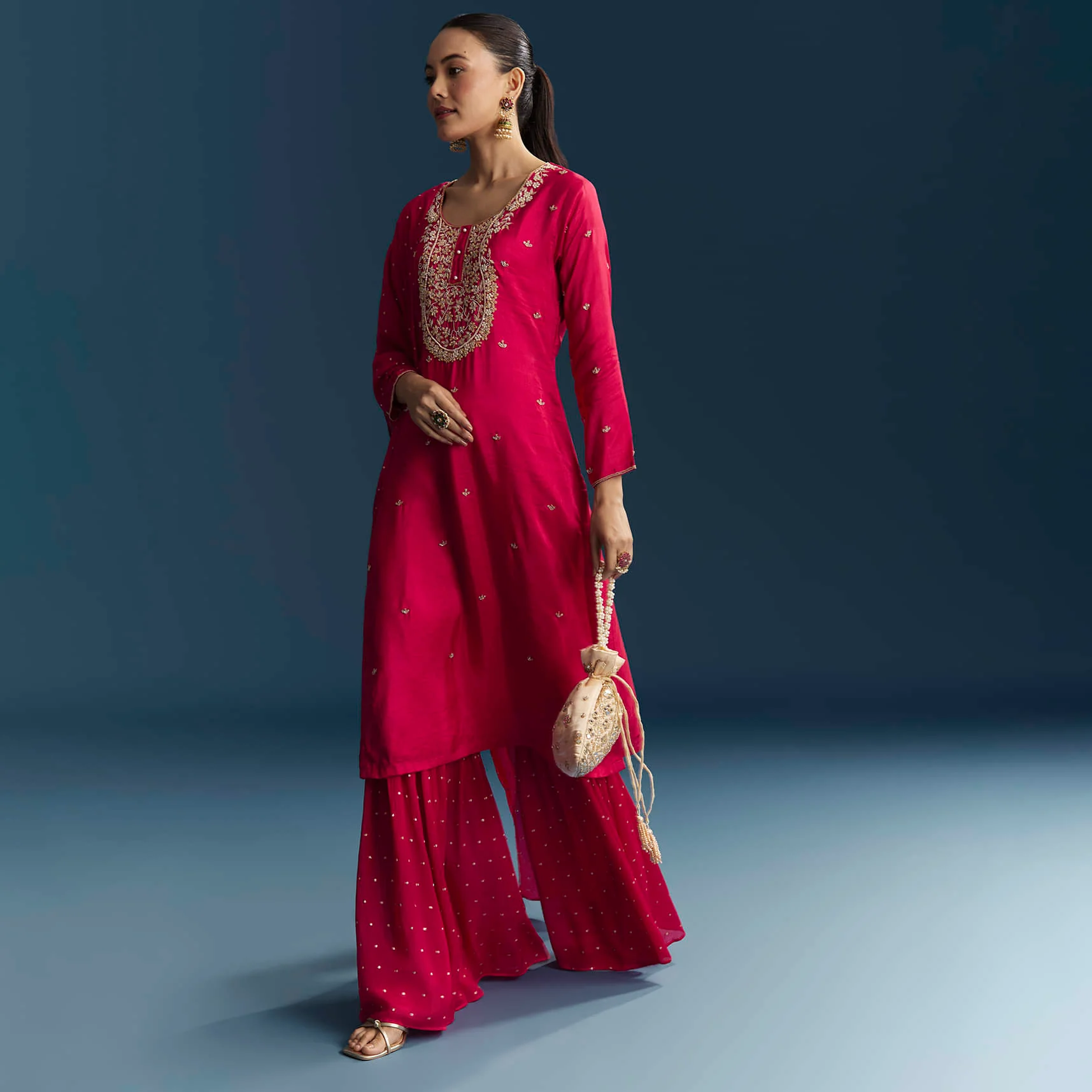 Pink Silk Sharara Suit With Zardosi And Sequins Embroidery - Image 3