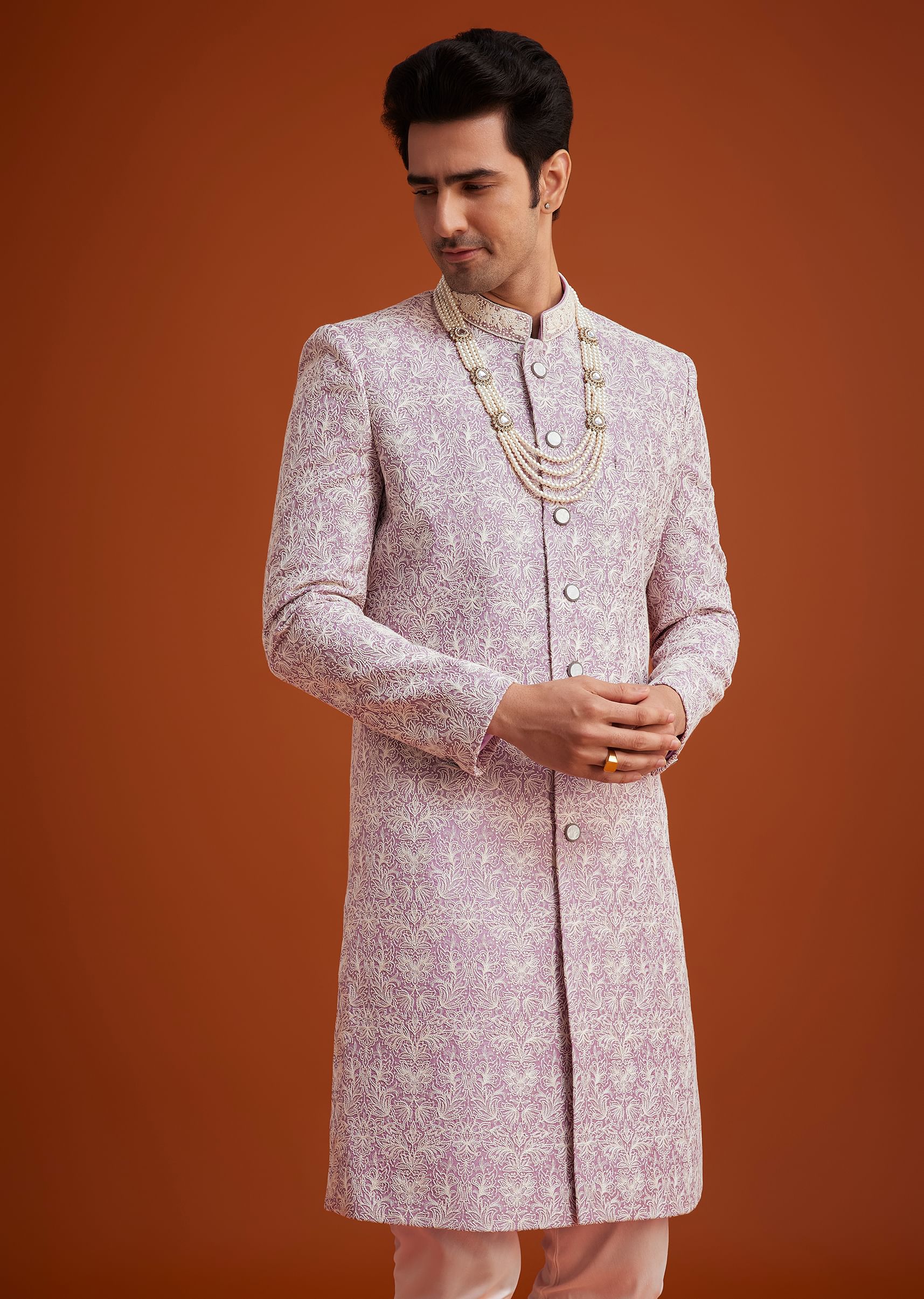 Pink Silk Sherwani Set With Bead Work On Collar - Image 4