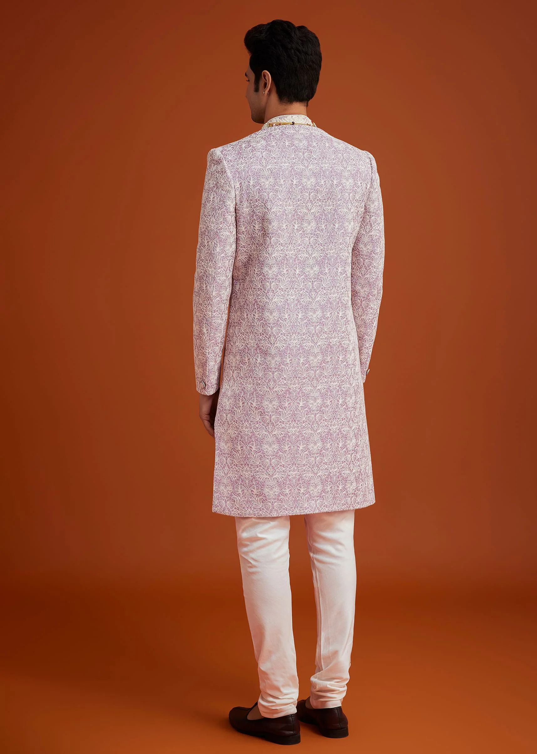 Pink Silk Sherwani Set With Bead Work On Collar - Image 5