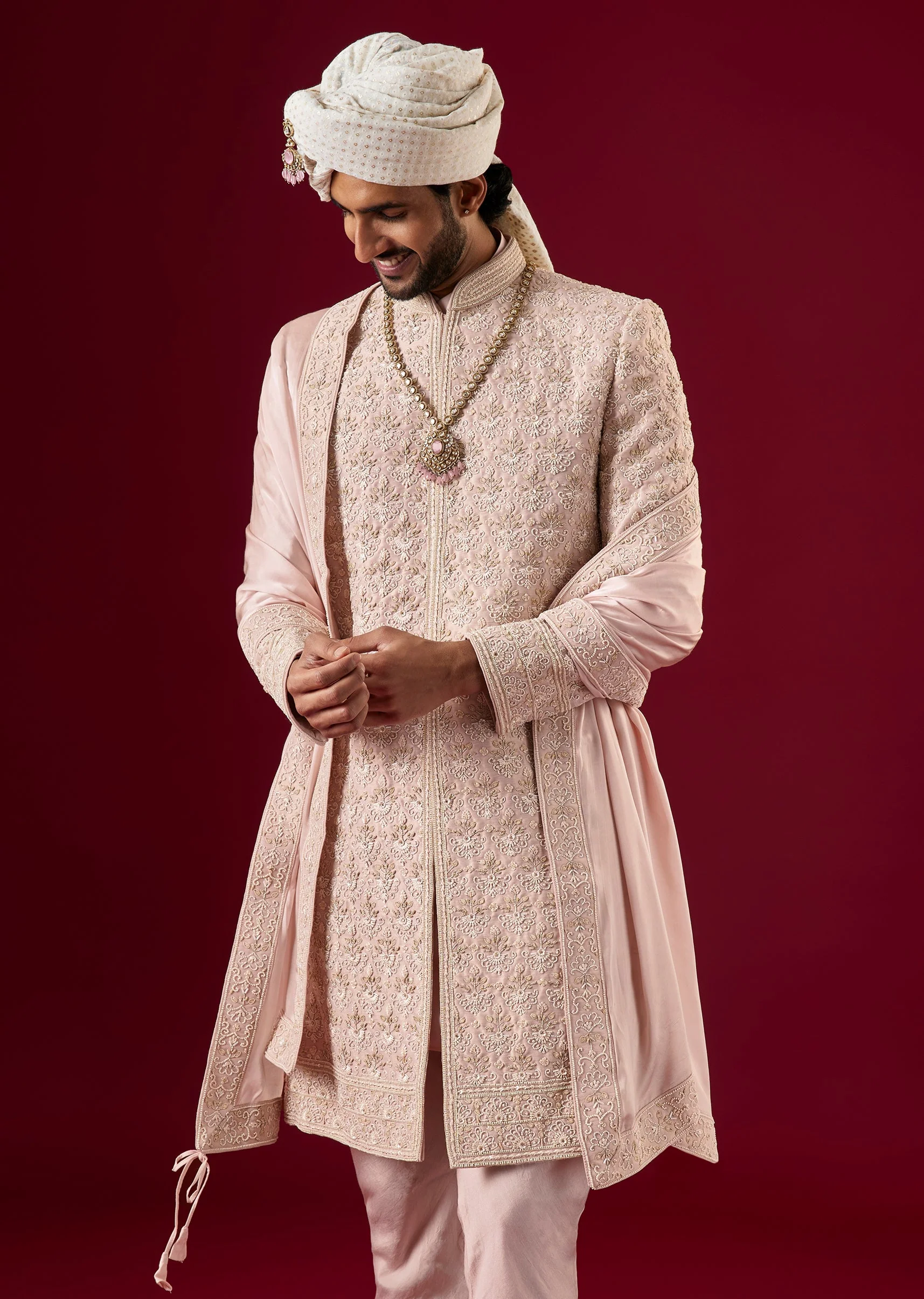 Pink Silk Sherwani Set With Zardosi Work - Image 2