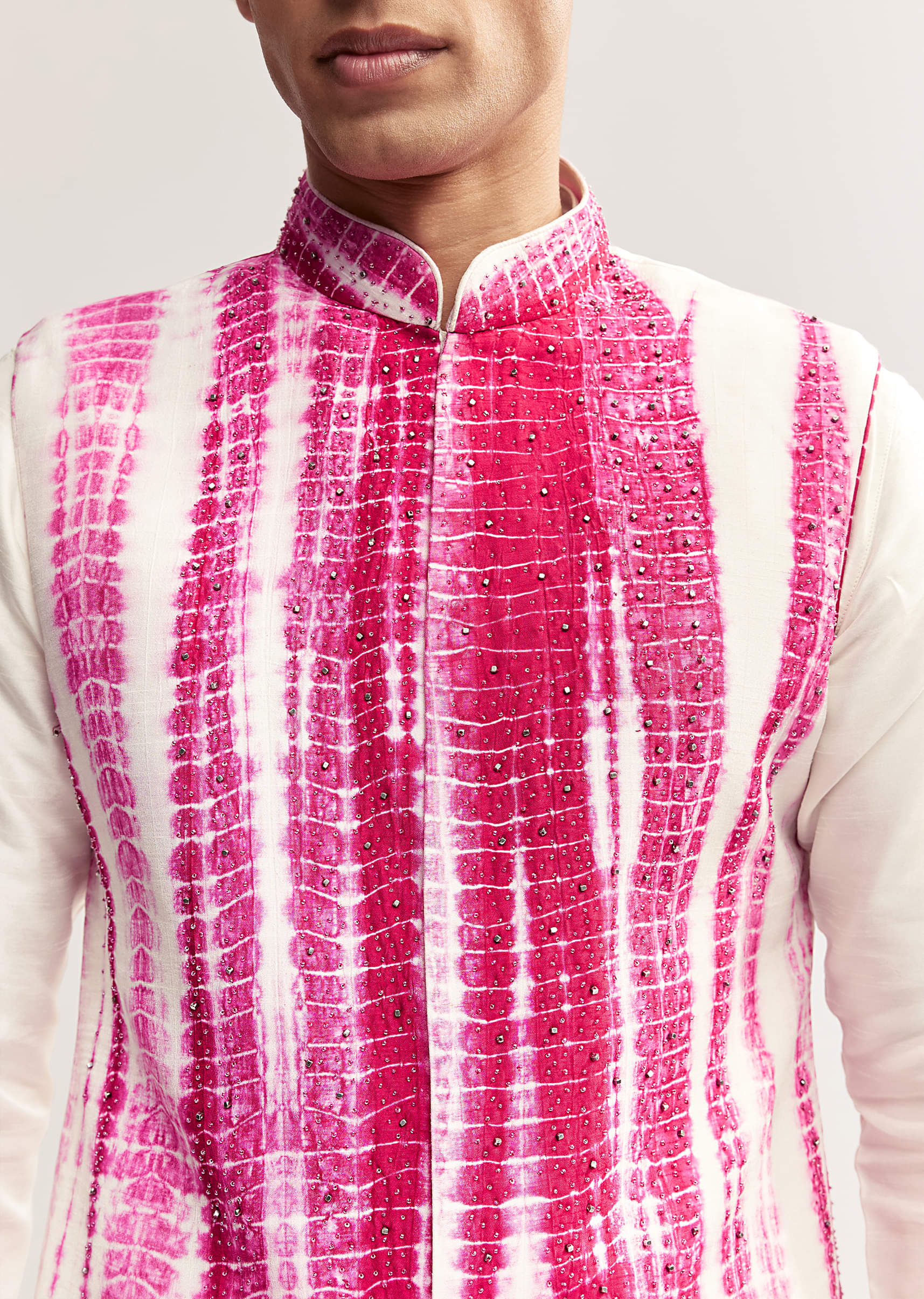Pink Silk Tie-Dye Kurta Jacket Set For Men With Sequin Work - Image 8