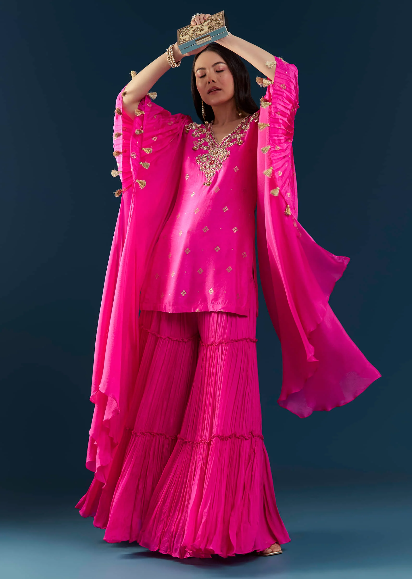 Pink Silk Top and Sharara Set with Sequin Work - Image 3