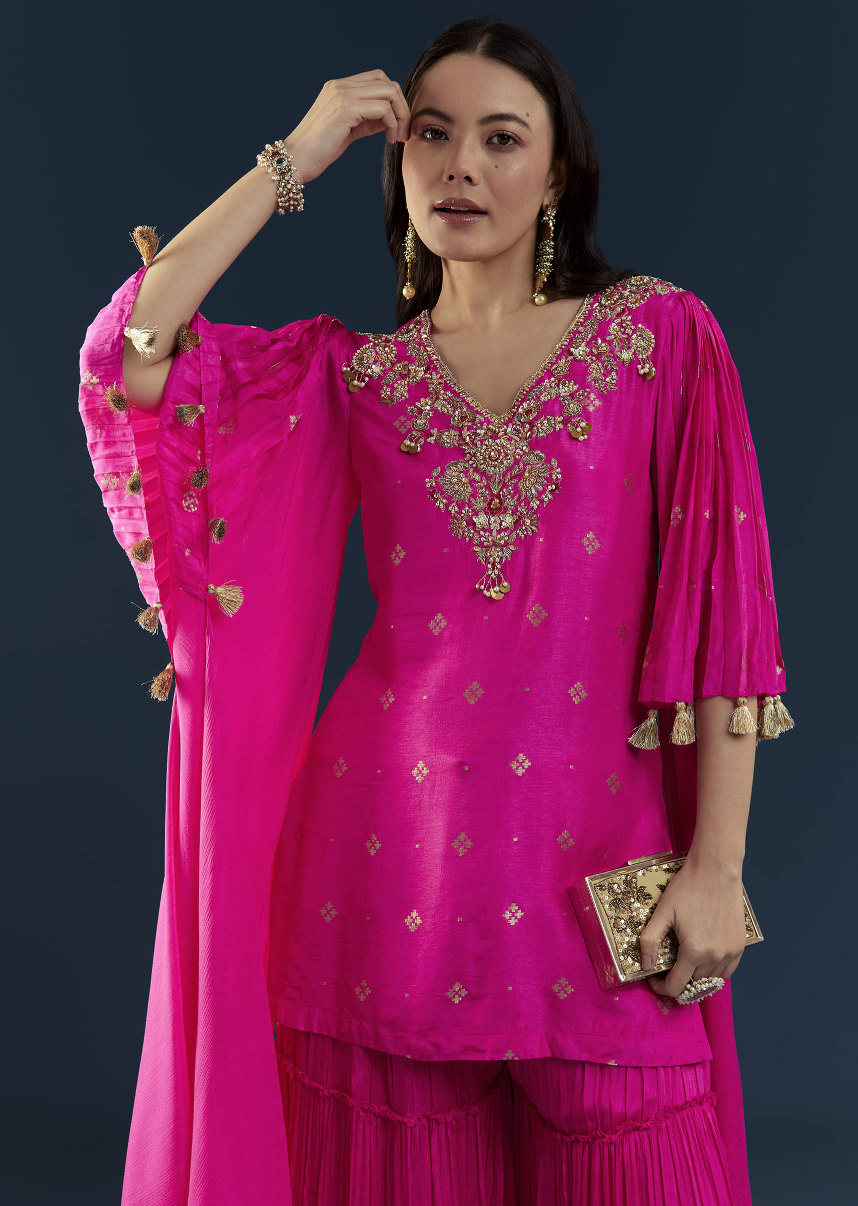 Pink Silk Top and Sharara Set with Sequin Work - Image 4