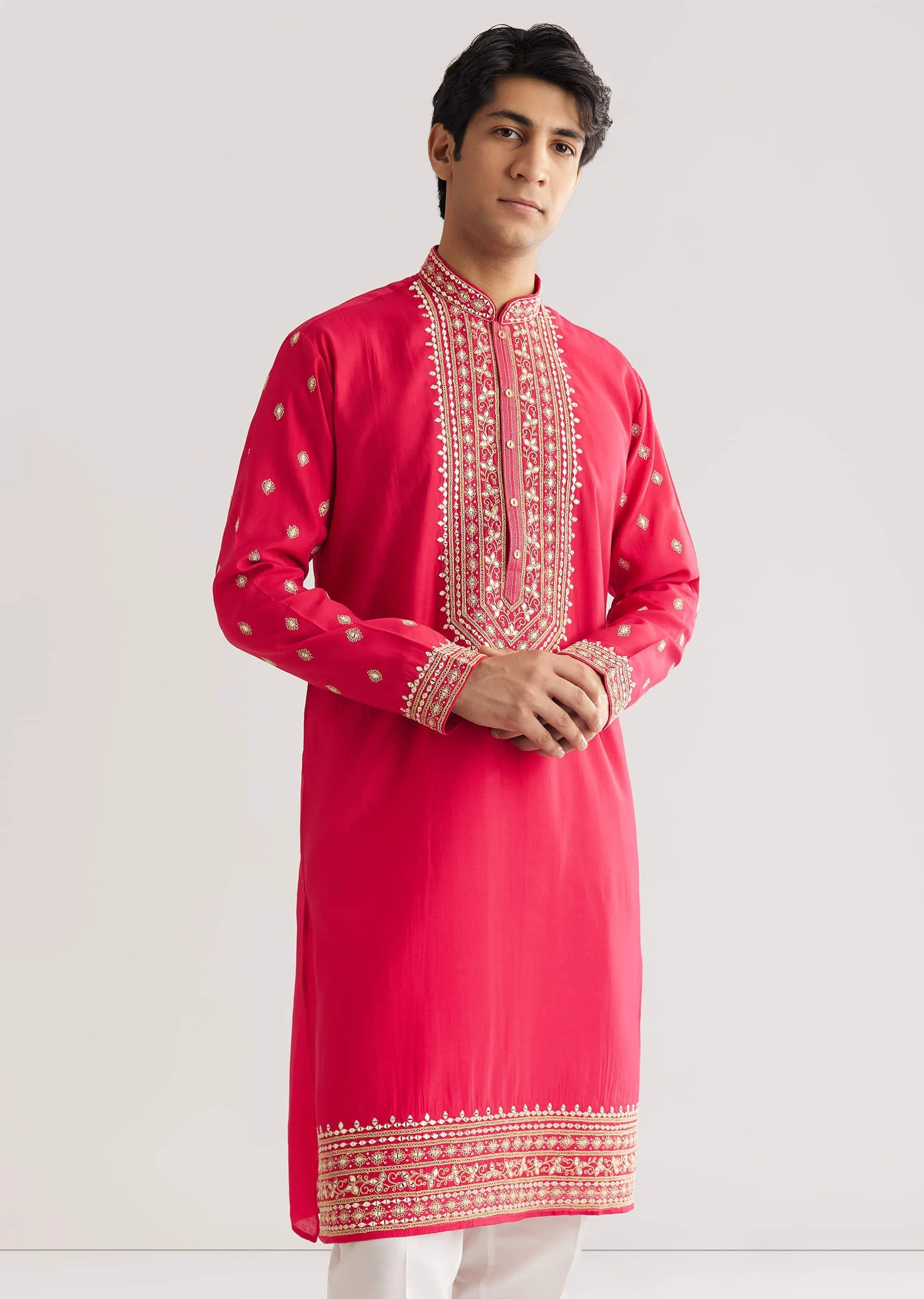 Pink Silk Yoke Embroidered Kurta Set With Gotta And Resham Work