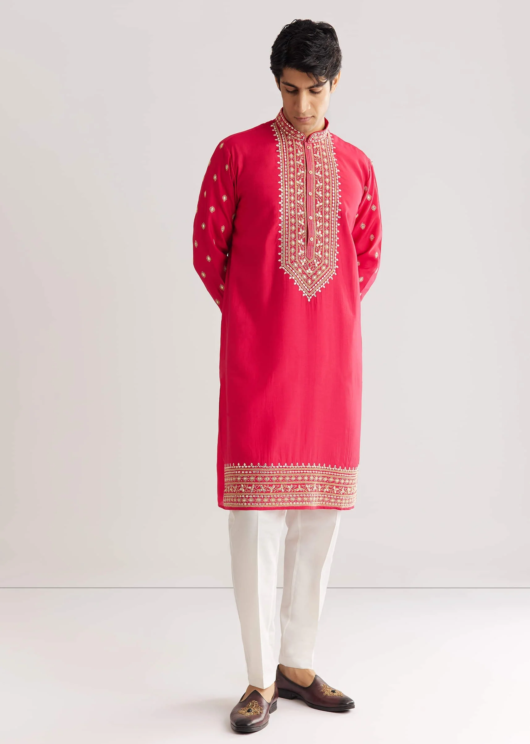 Pink Silk Yoke Embroidered Kurta Set With Gotta And Resham Work - Image 2