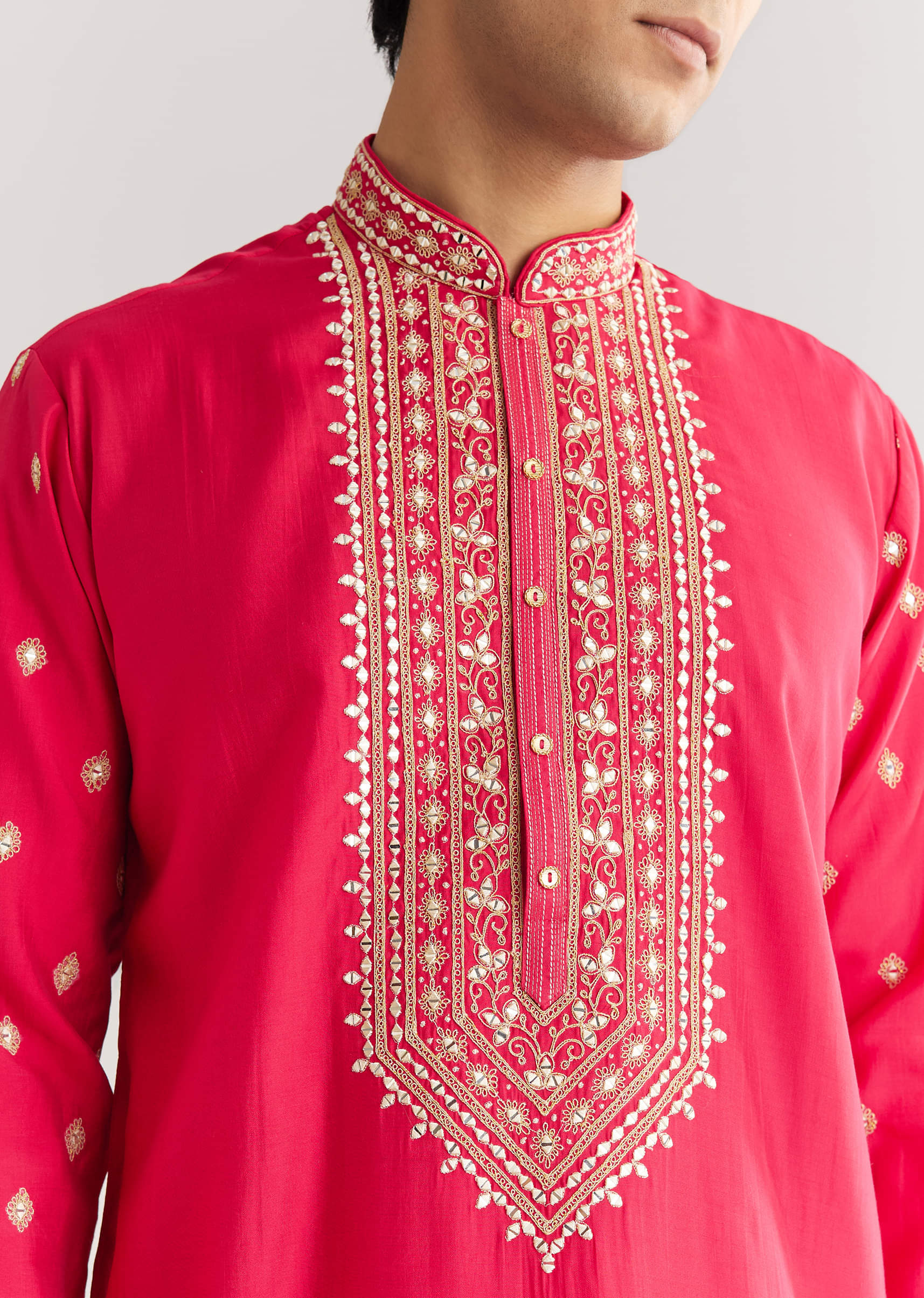 Pink Silk Yoke Embroidered Kurta Set With Gotta And Resham Work - Image 3