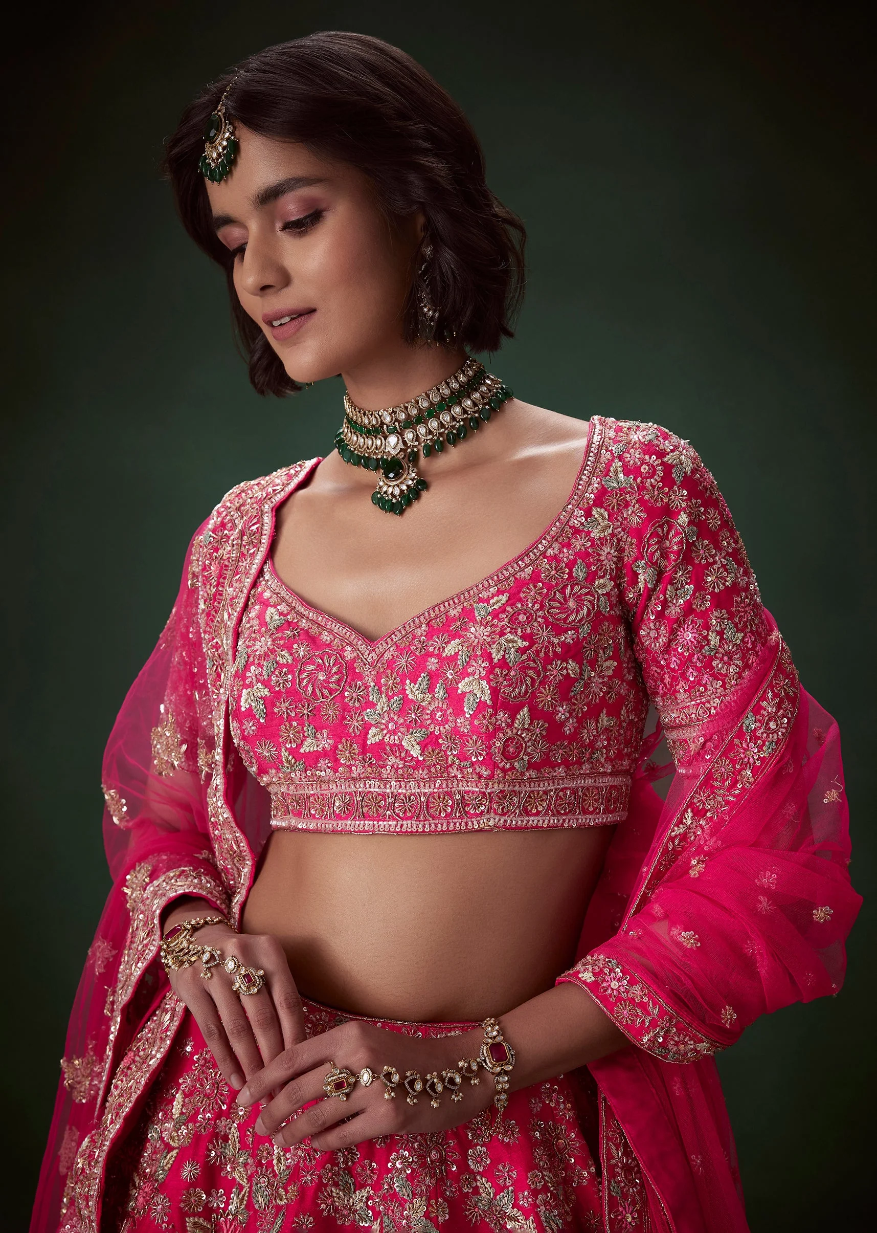 Pink Silk Zari Embroidered Bridal Lehenga Set - Image 3