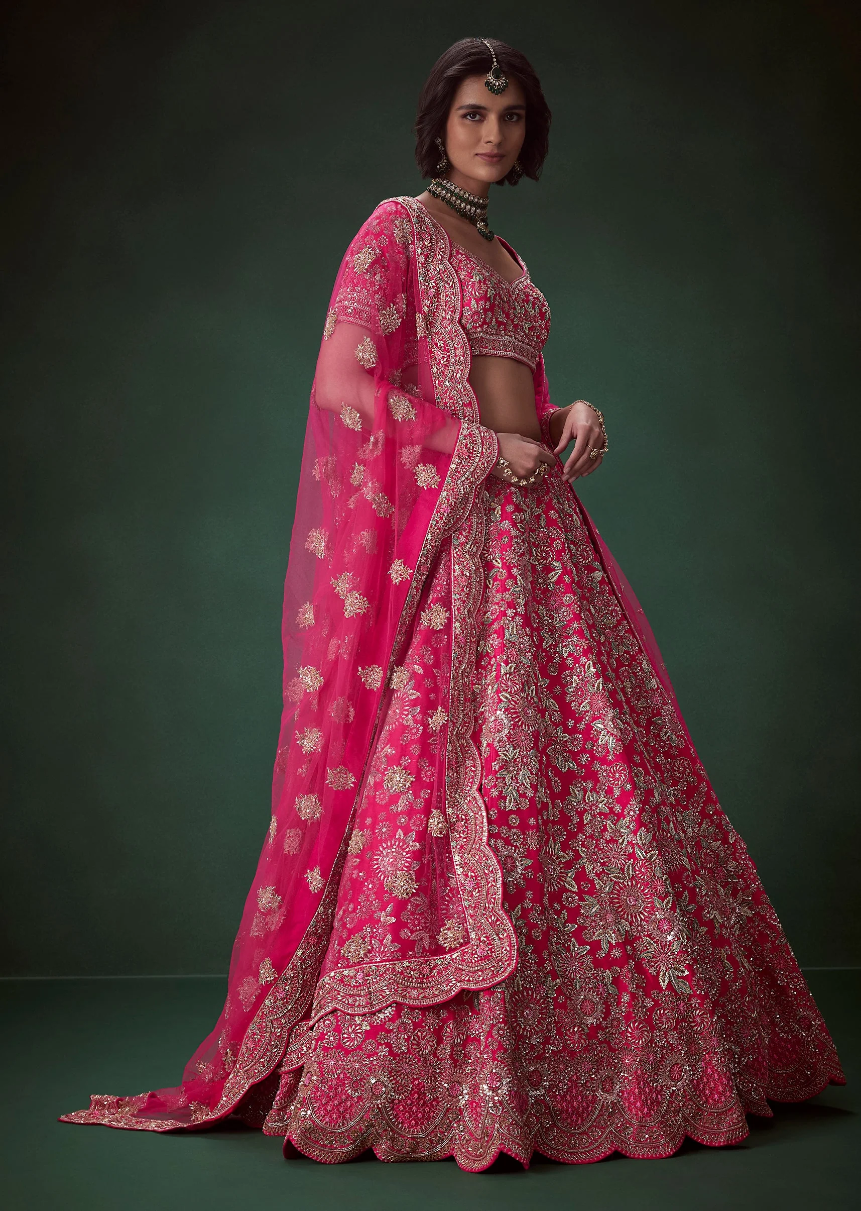 Pink Silk Zari Embroidered Bridal Lehenga Set - Image 4