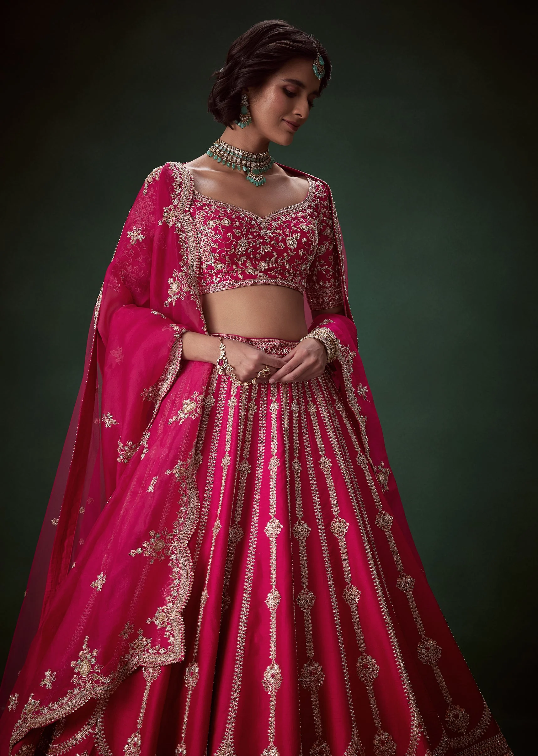Pink Stone Embroidered Bridal Lehenga Set - Image 3