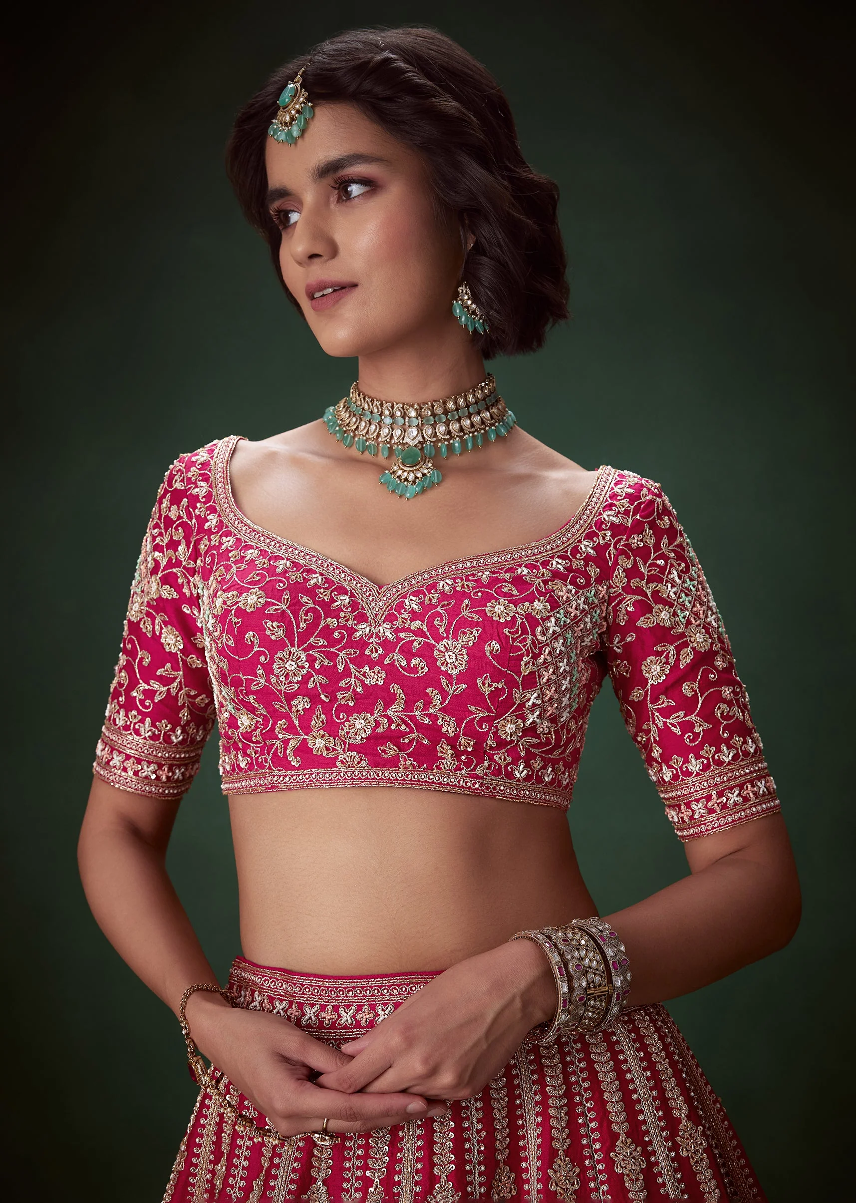 Pink Stone Embroidered Bridal Lehenga Set - Image 6