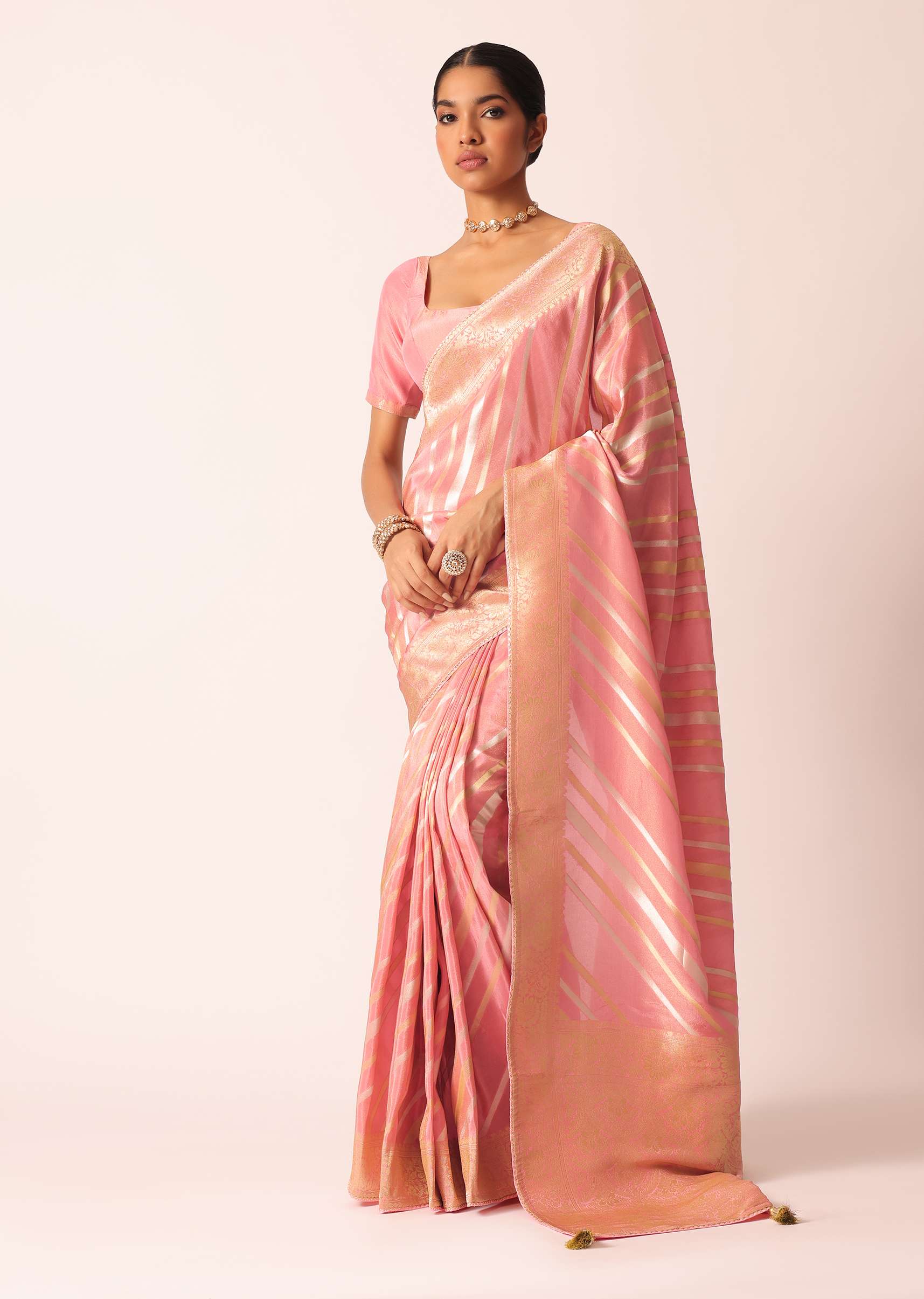 Pink Striped Tissue Silk Saree with Brocade Border Pallu And Unstitched Blouse Piece - Image 3