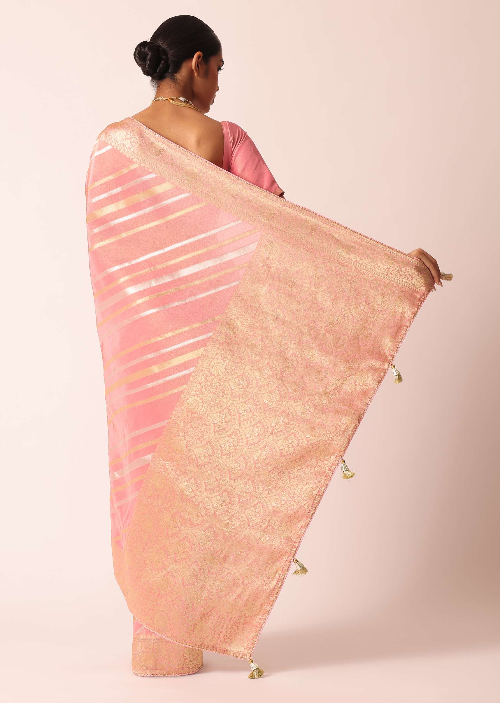 Pink Striped Tissue Silk Saree with Brocade Border Pallu And Unstitched Blouse Piece - Image 4