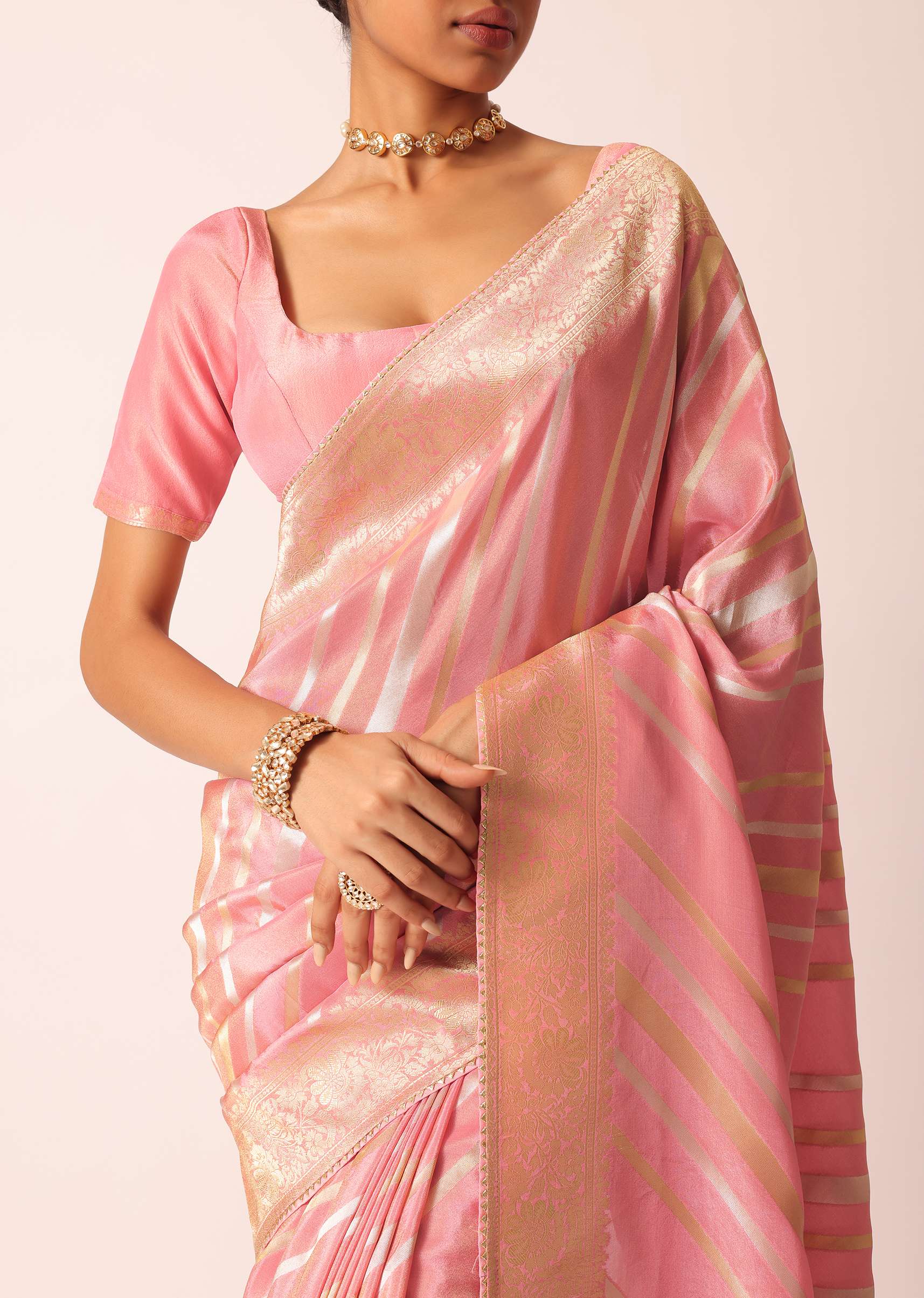 Pink Striped Tissue Silk Saree with Brocade Border Pallu And Unstitched Blouse Piece - Image 5