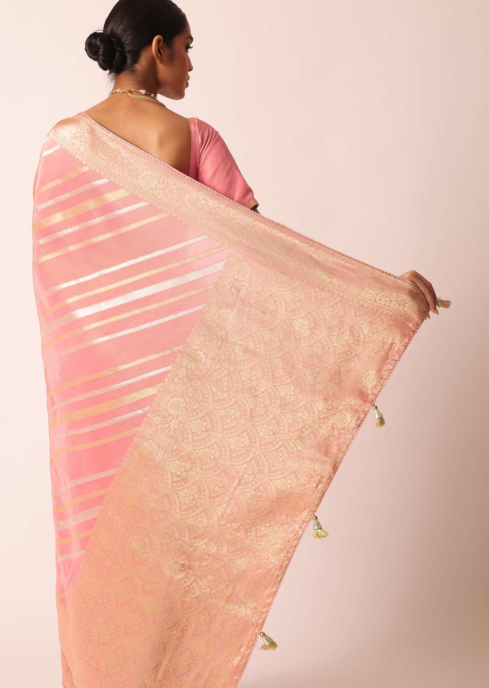 Pink Striped Tissue Silk Saree with Brocade Border Pallu And Unstitched Blouse Piece - Image 6
