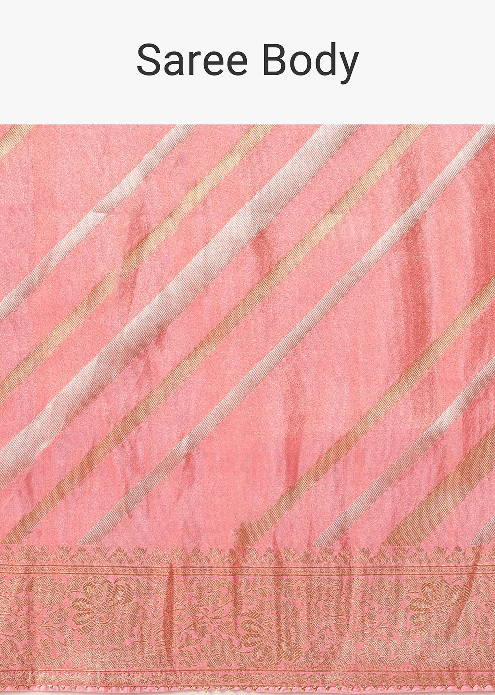 Pink Striped Tissue Silk Saree with Brocade Border Pallu And Unstitched Blouse Piece - Image 9