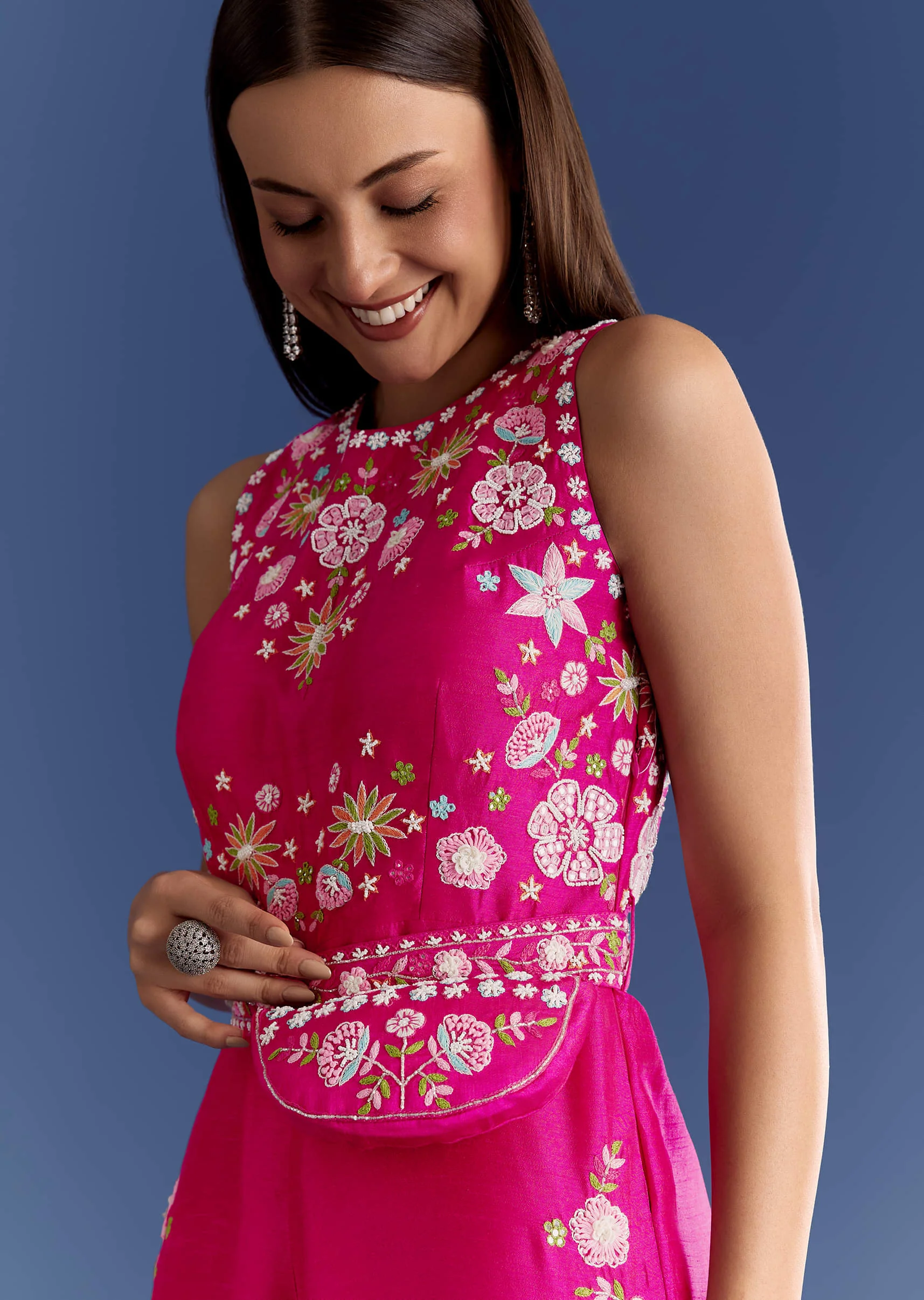 Pink Thread And Moti Work Jumpsuit With Waist Belt - Image 3