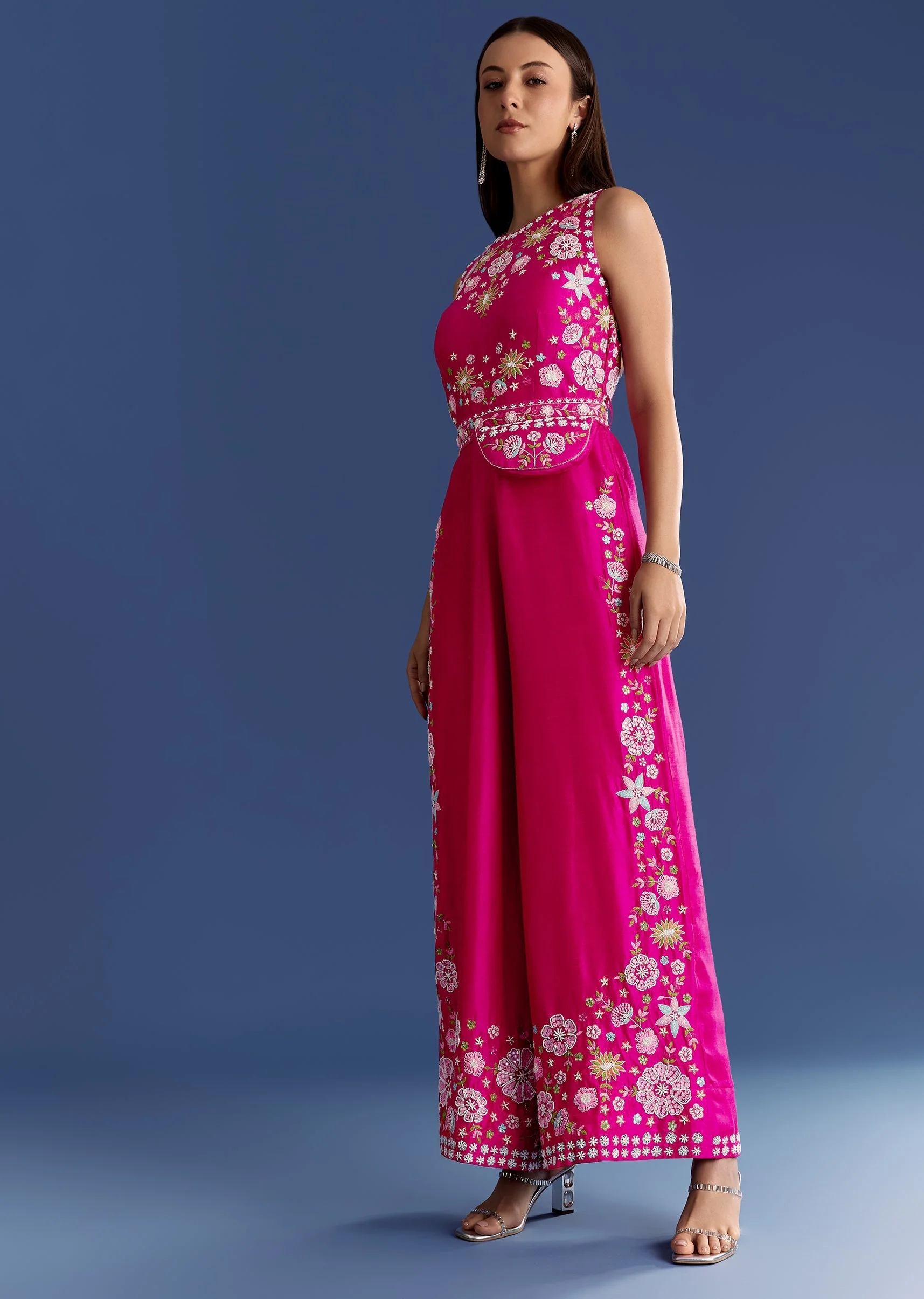 Pink Thread And Moti Work Jumpsuit With Waist Belt - Image 4
