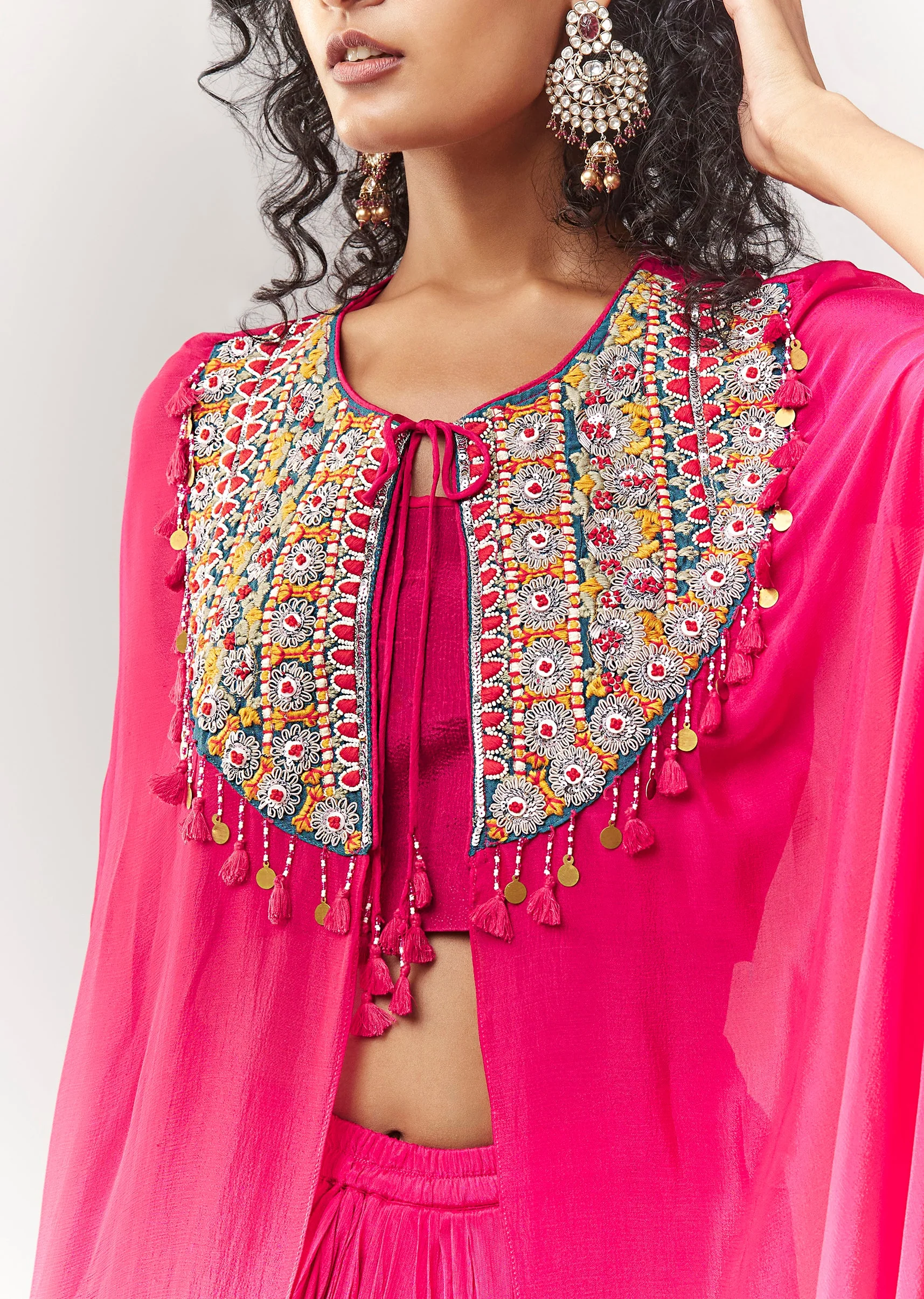 Pink Thread And Silver Zardosi Cape Set With Skirt - Image 2