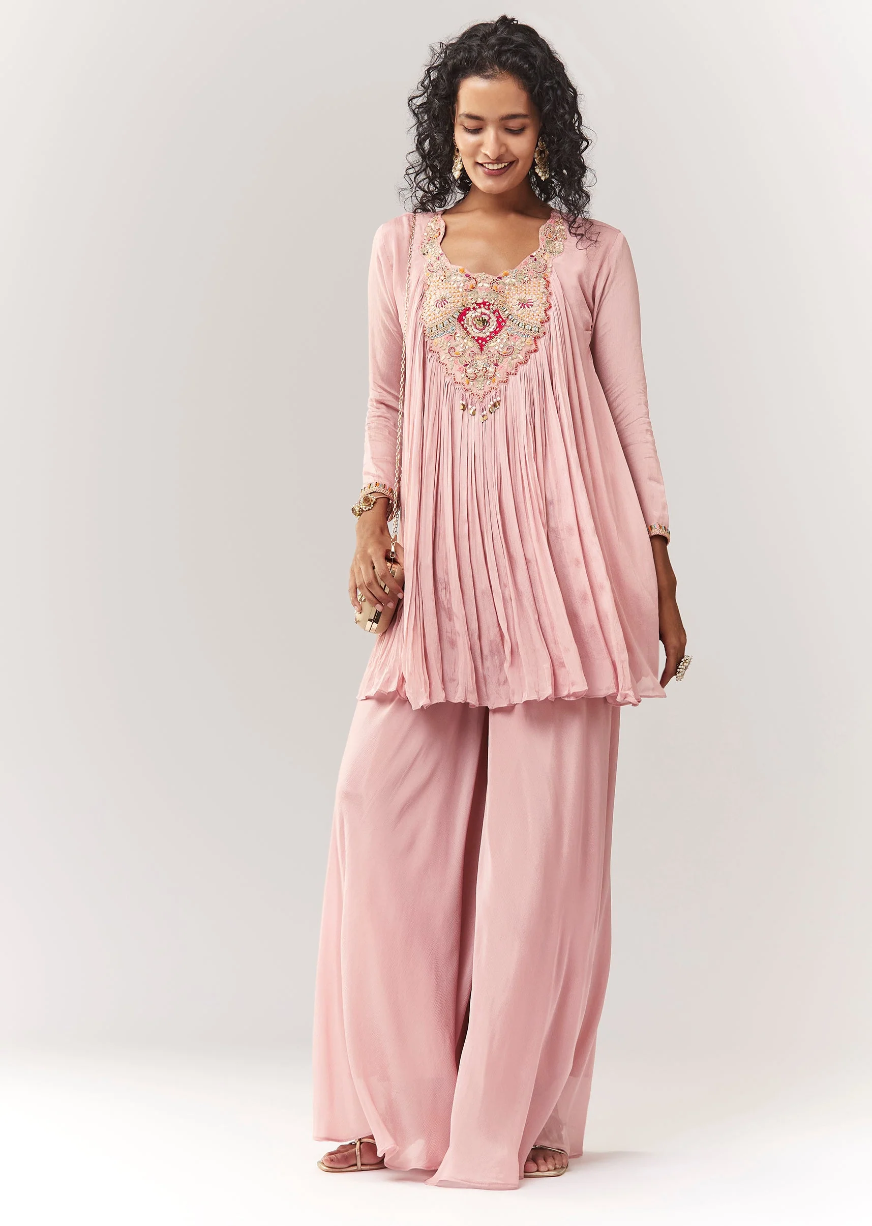 Pink Thread And Zardosi Cape Style Top With Palazzo - Image 3