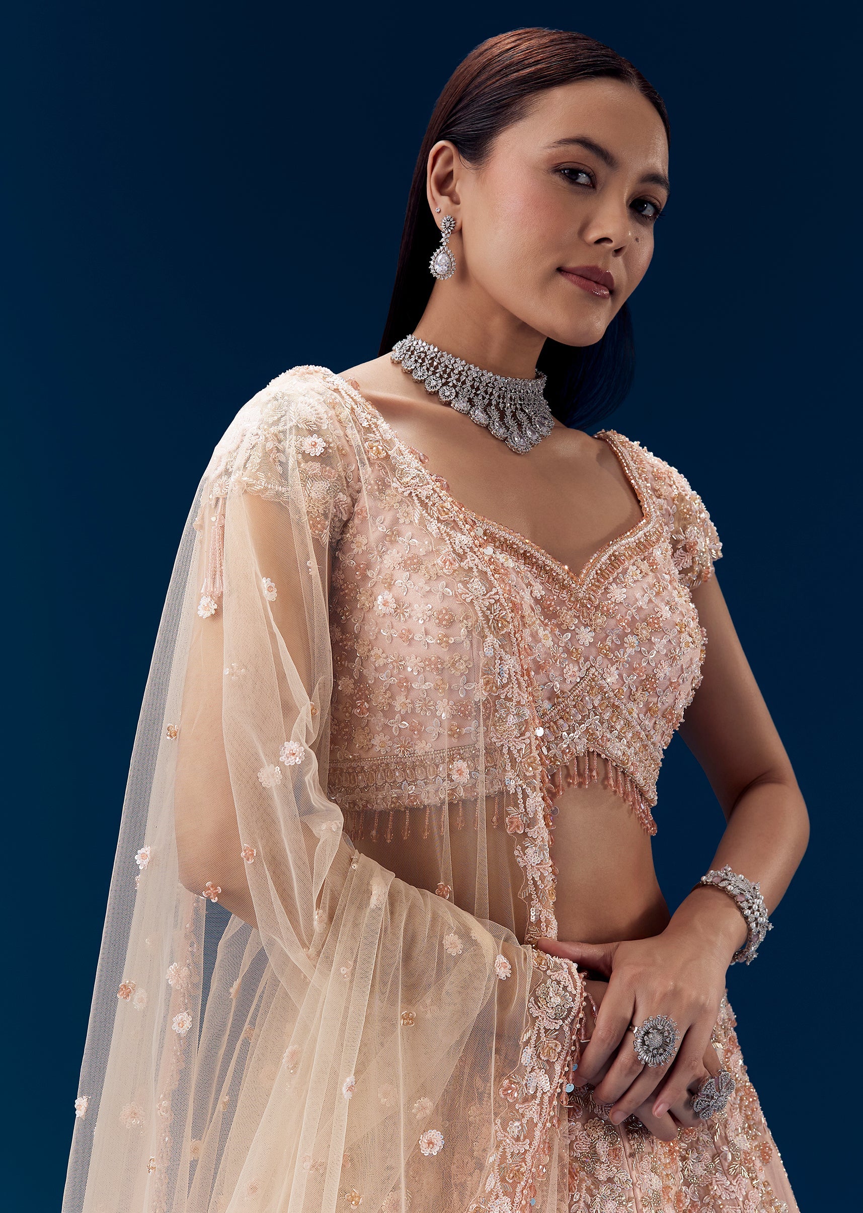 Pink Thread Embroidered Bridal Lehenga Set - Image 3