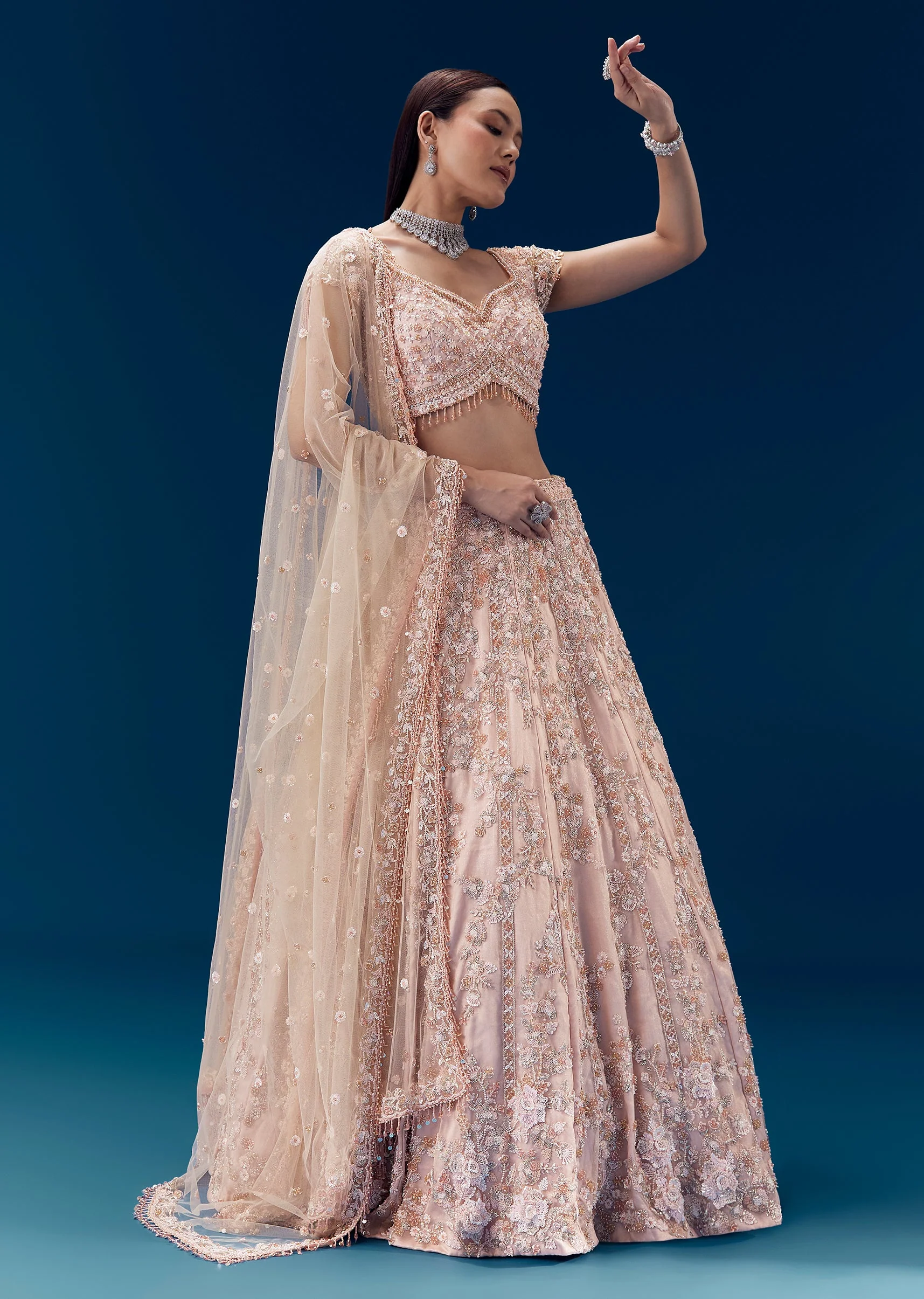 Pink Thread Embroidered Bridal Lehenga Set - Image 4