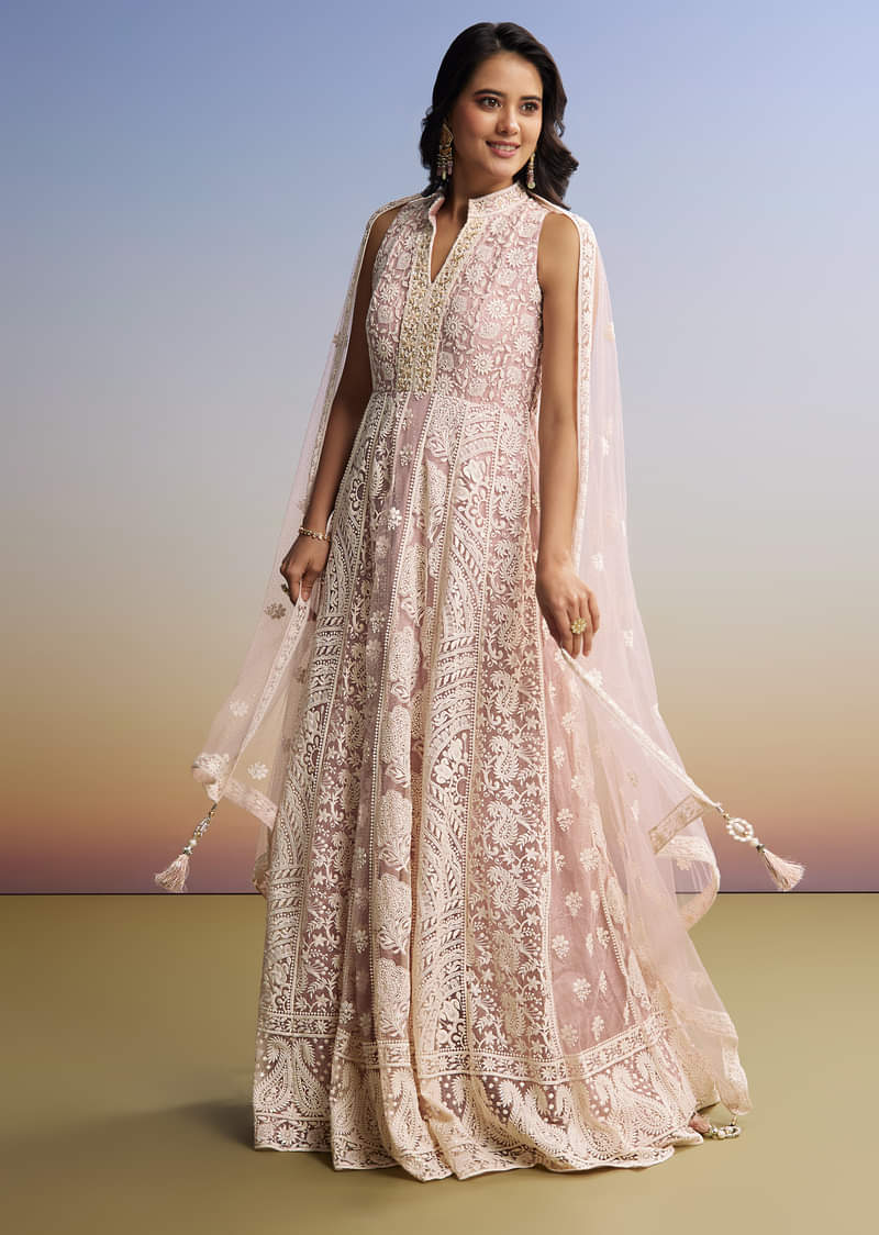 Pink Threadwork Anarkali With Dupatta - Image 3