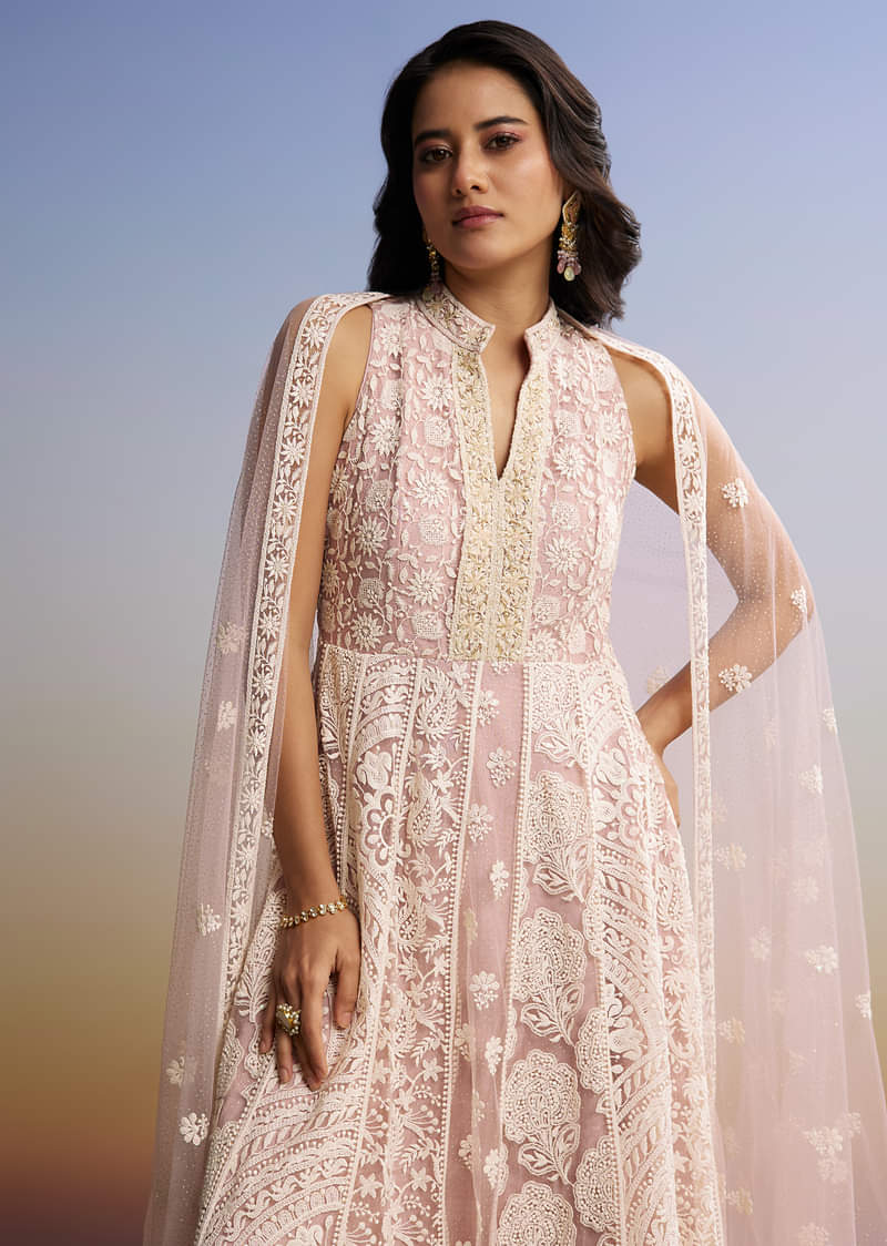 Pink Threadwork Anarkali With Dupatta - Image 4