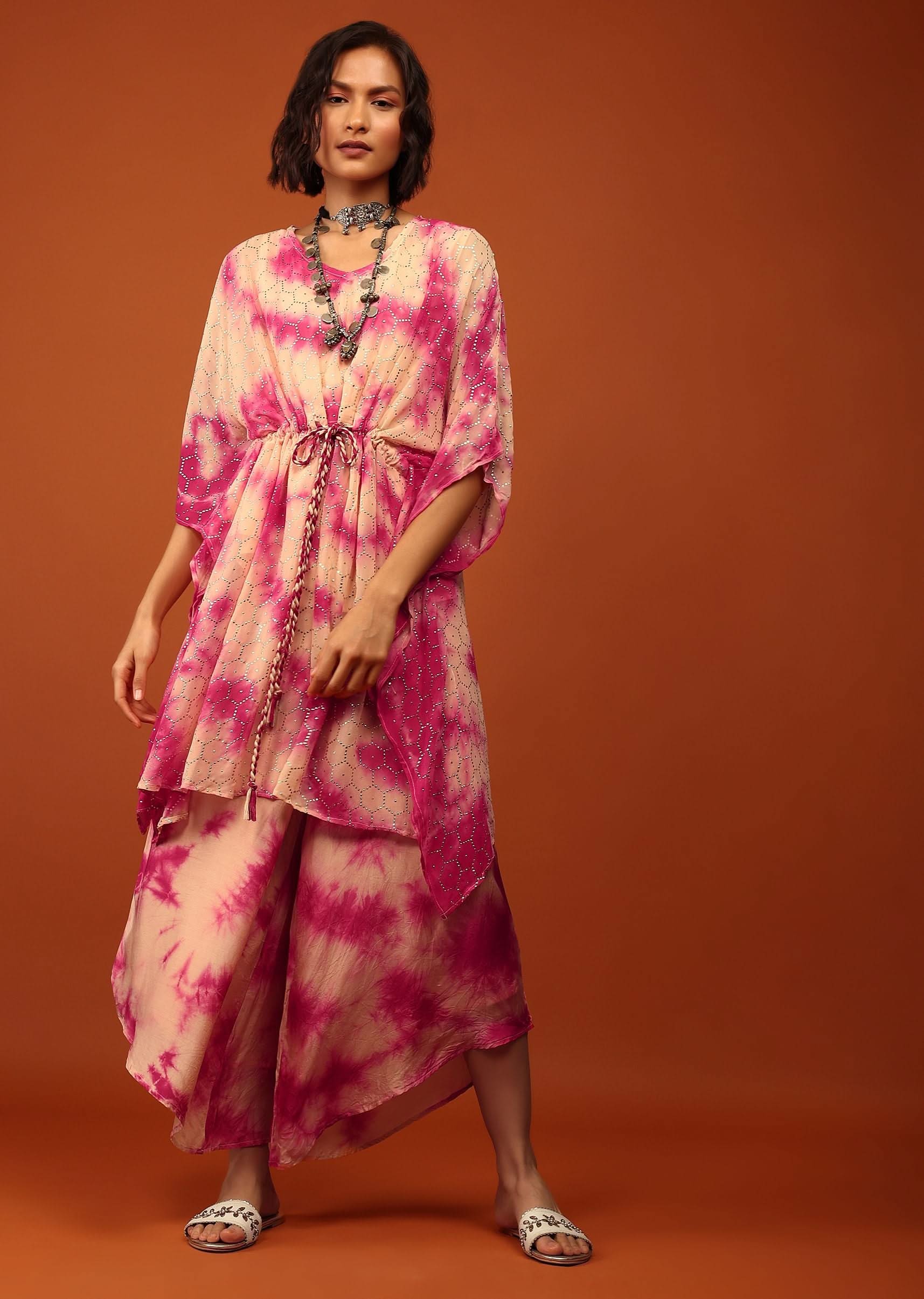 Candy Pink Tie Dye Kaftan Set In V Neckline With A Tie-Up Tassel Dori At The Front - Image 3