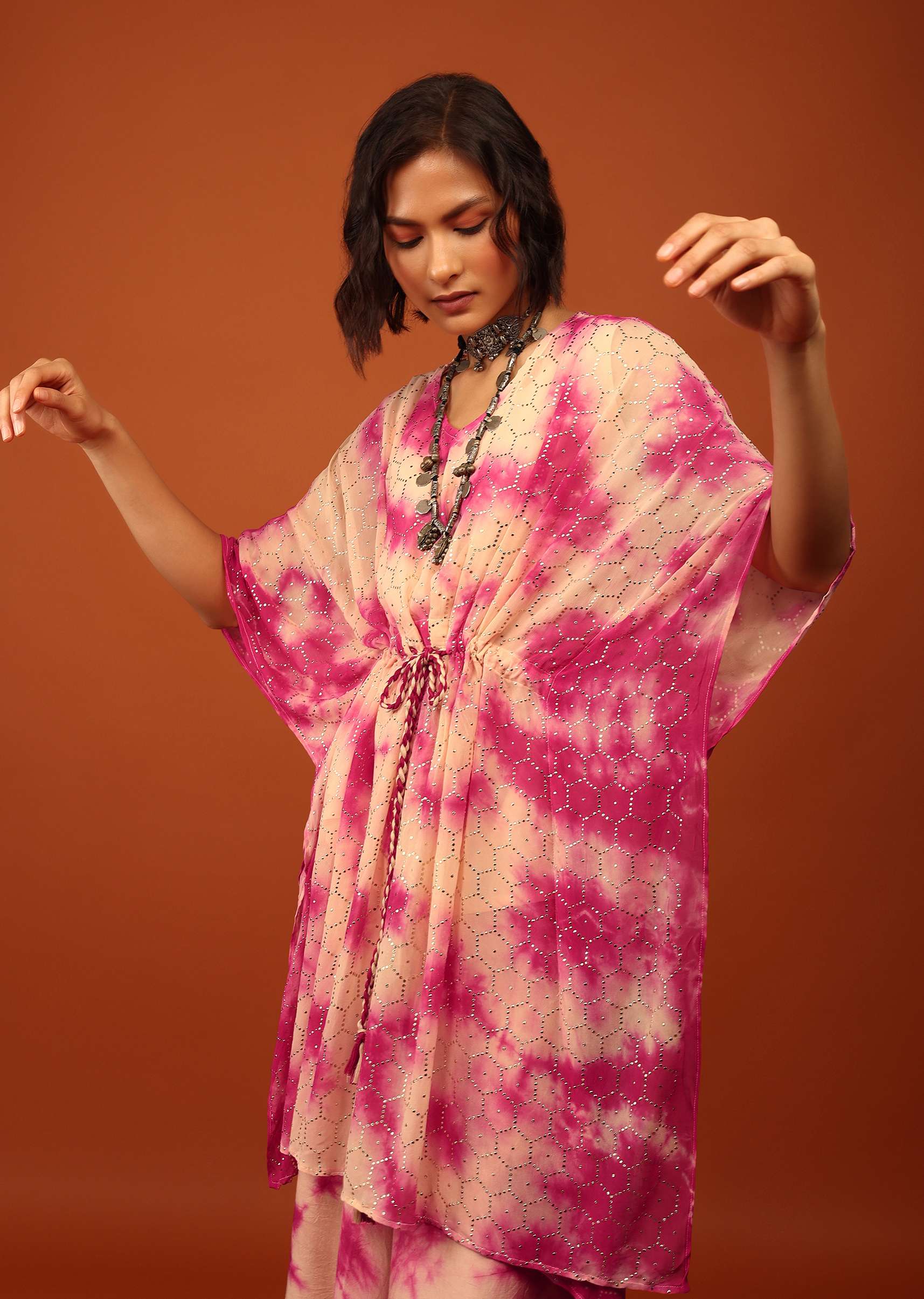 Candy Pink Tie Dye Kaftan Set In V Neckline With A Tie-Up Tassel Dori At The Front - Image 6