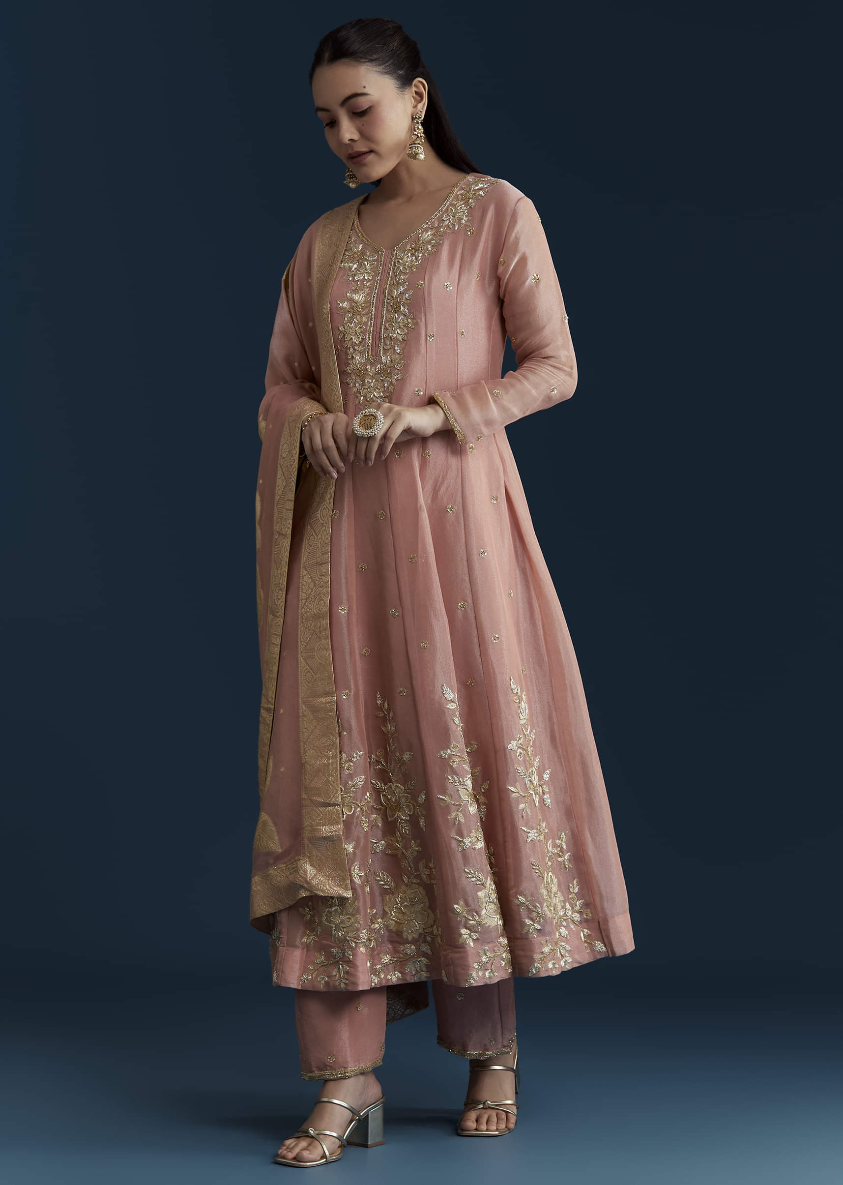 Pink Tissue Anarkali Set with Zardozi Work - Image 3