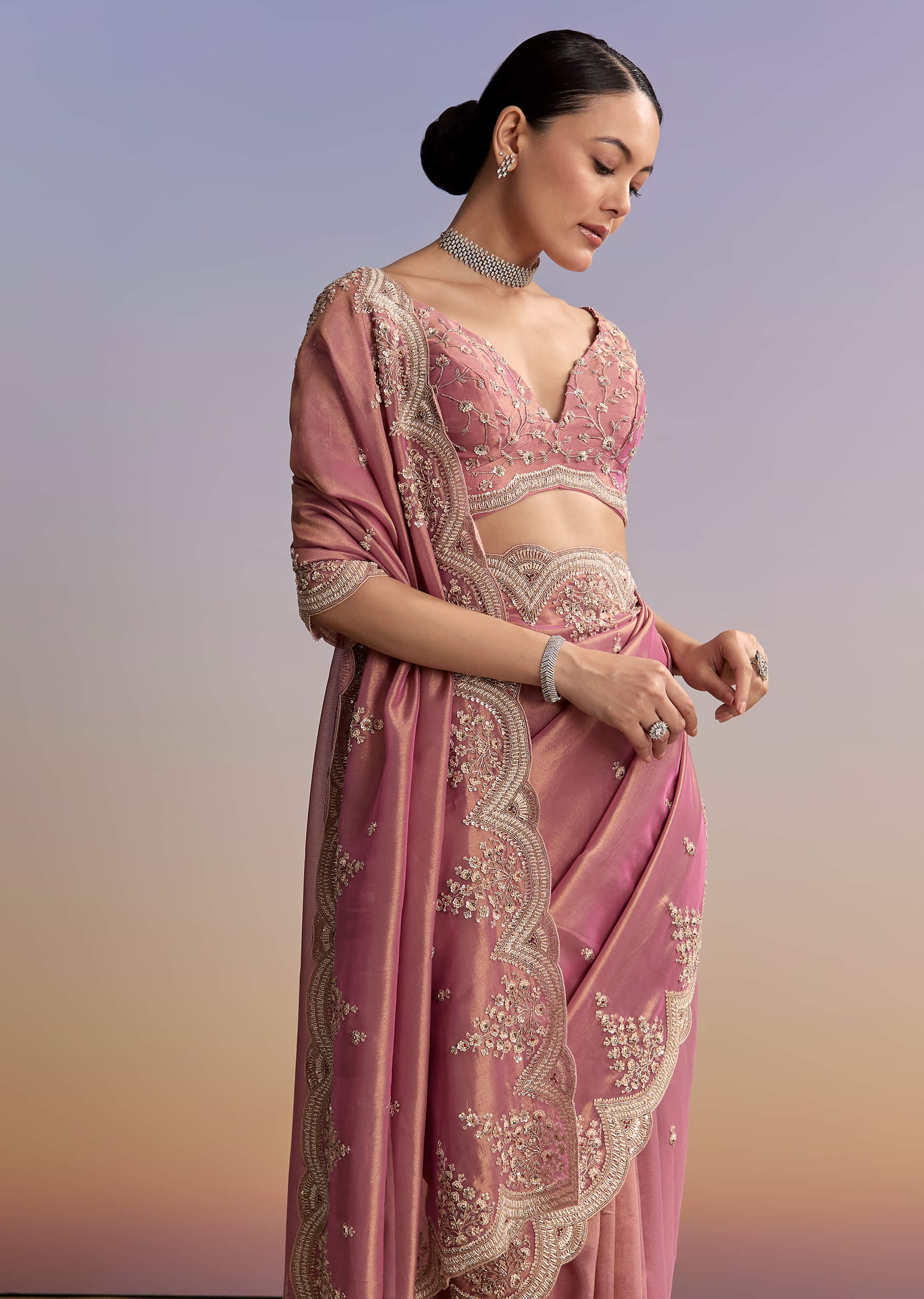 Pink Tissue Embroidered Saree With Sequin And Stone Work - Image 5