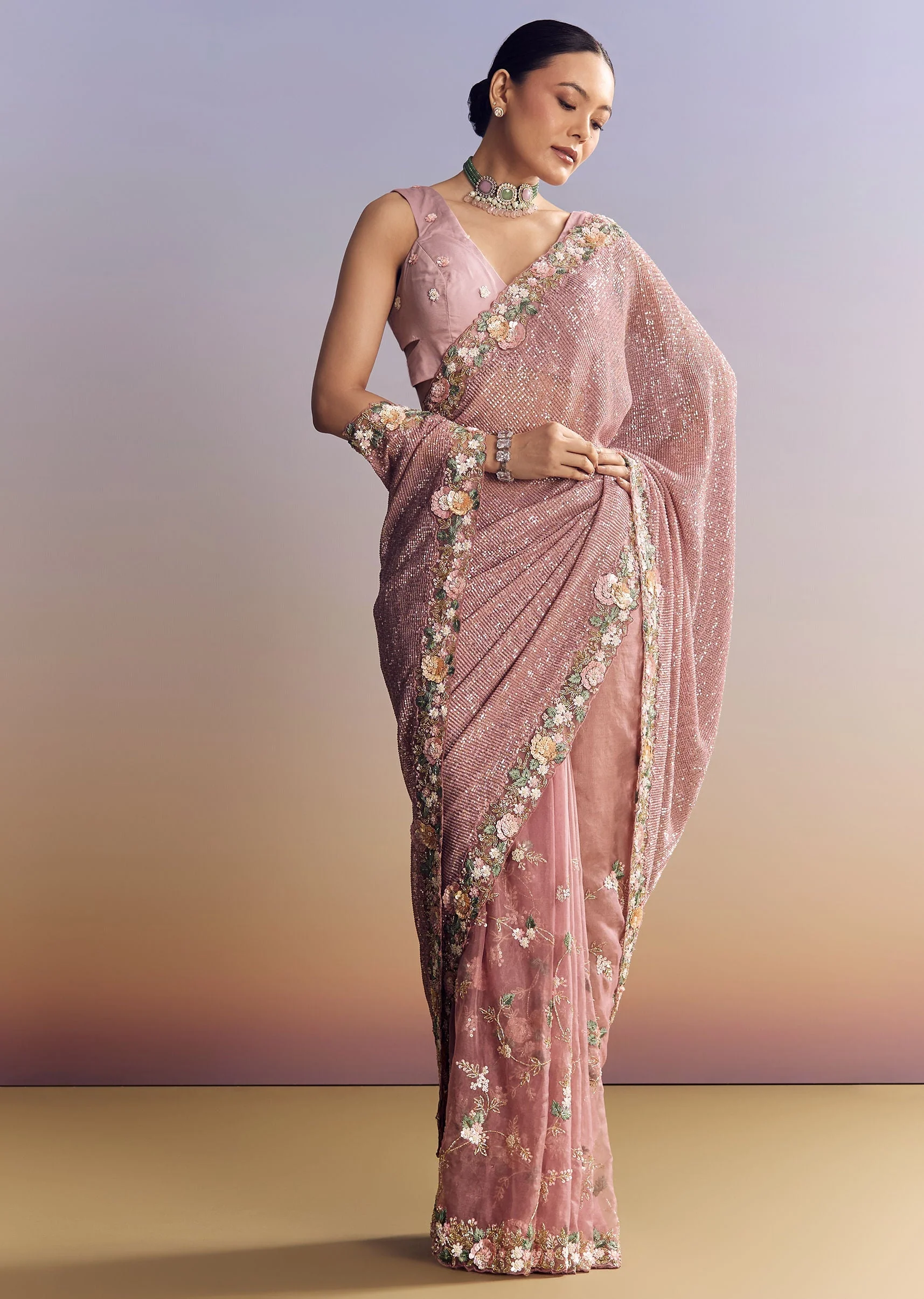 Pink Tissue Half And Half Saree With Floral Sequin Embroidery - Image 3