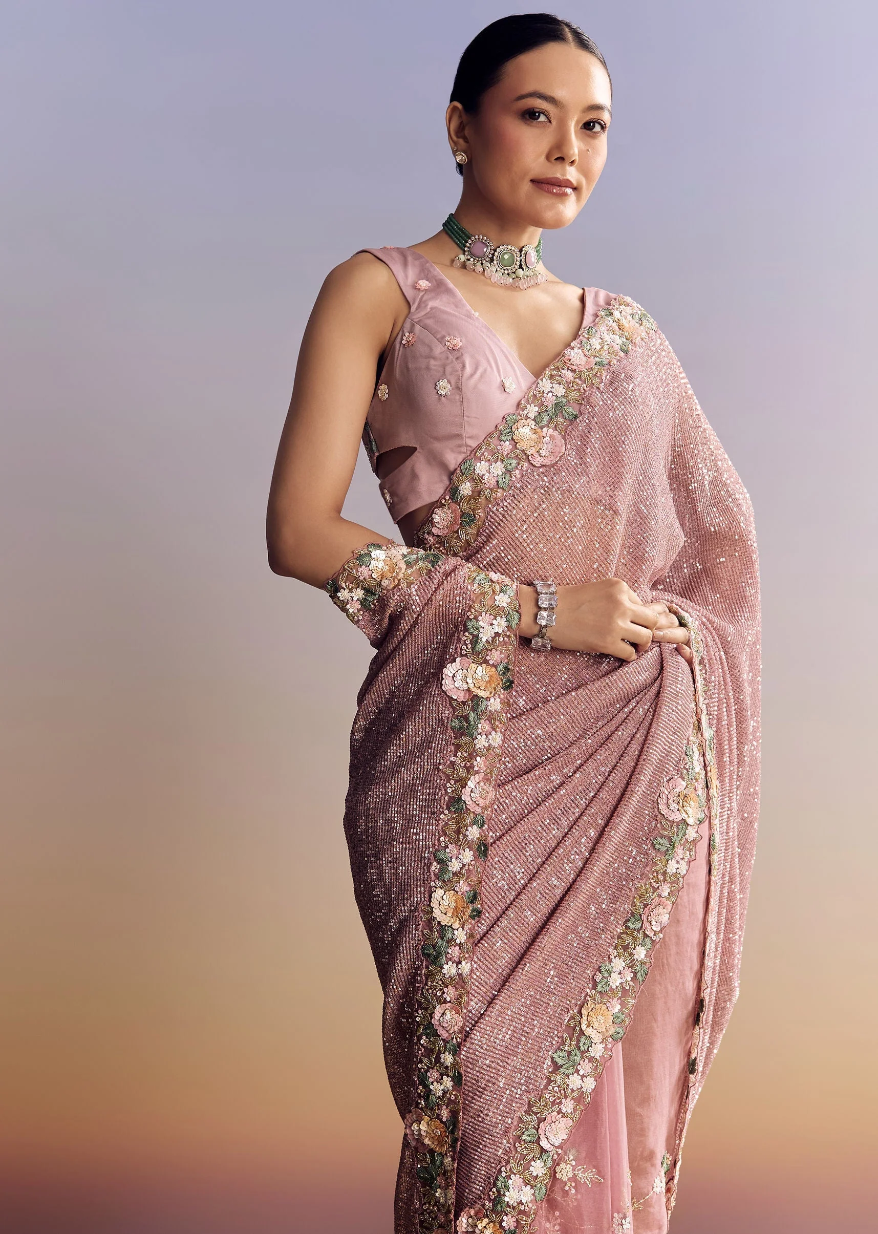 Pink Tissue Half And Half Saree With Floral Sequin Embroidery - Image 5