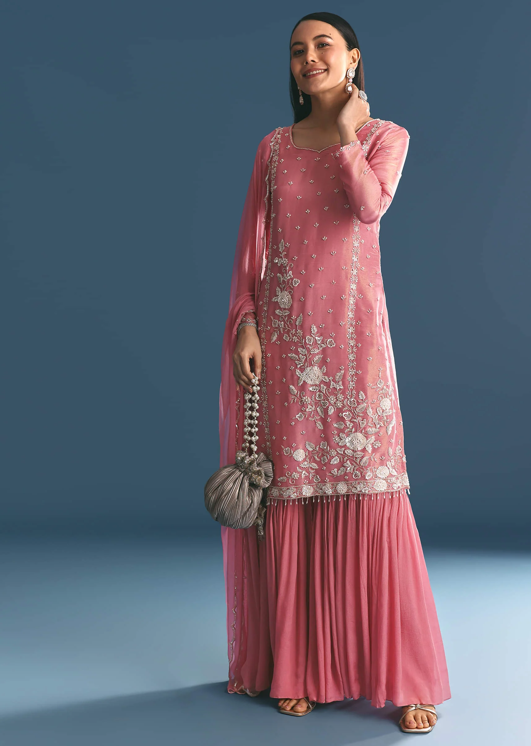 Pink Tissue Kurta Sharara Suit With Moti Cut Dana Work - Image 4