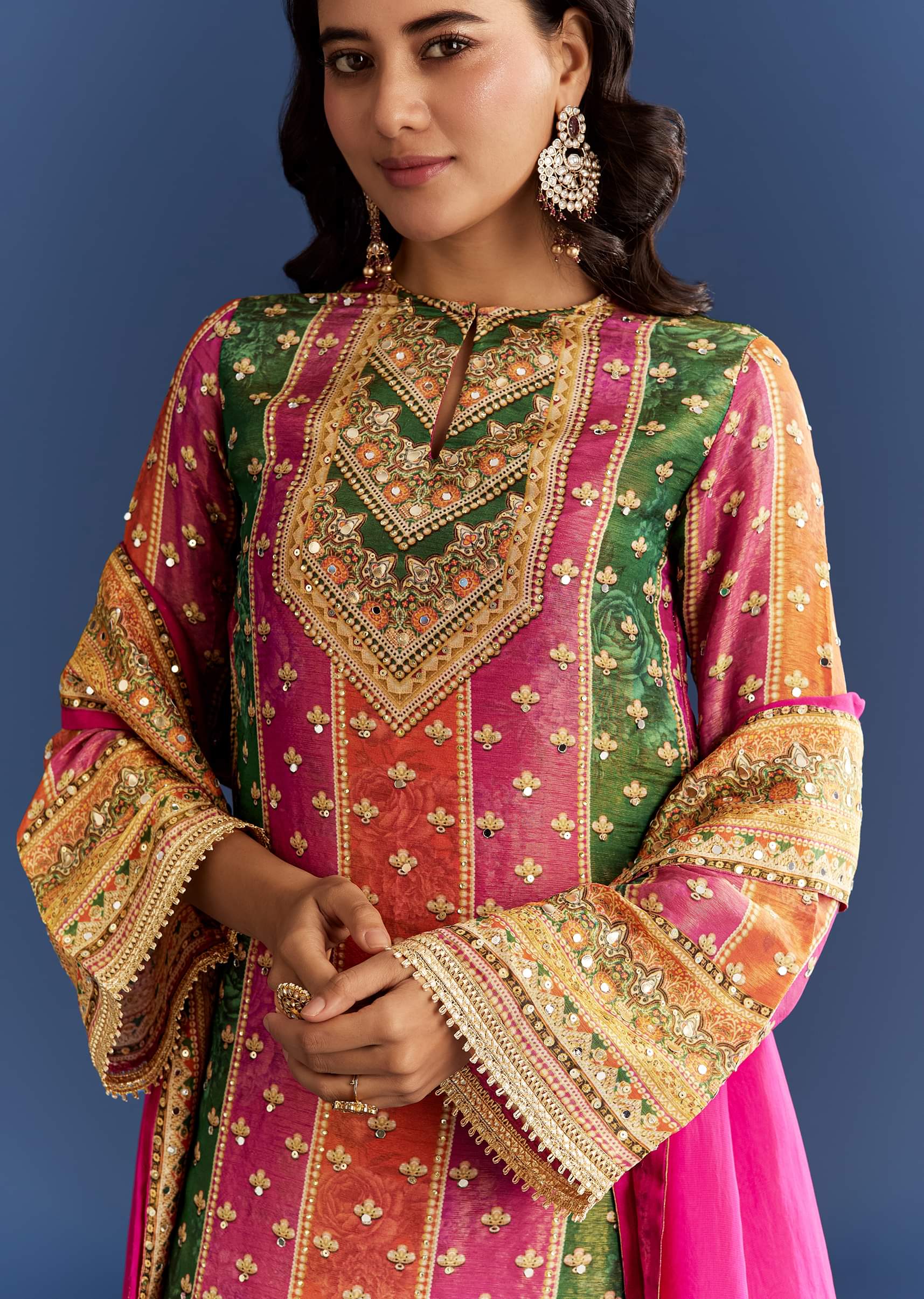 Pink Tissue Kurta With Printed Palazzo And Organza Dupatta - Image 2