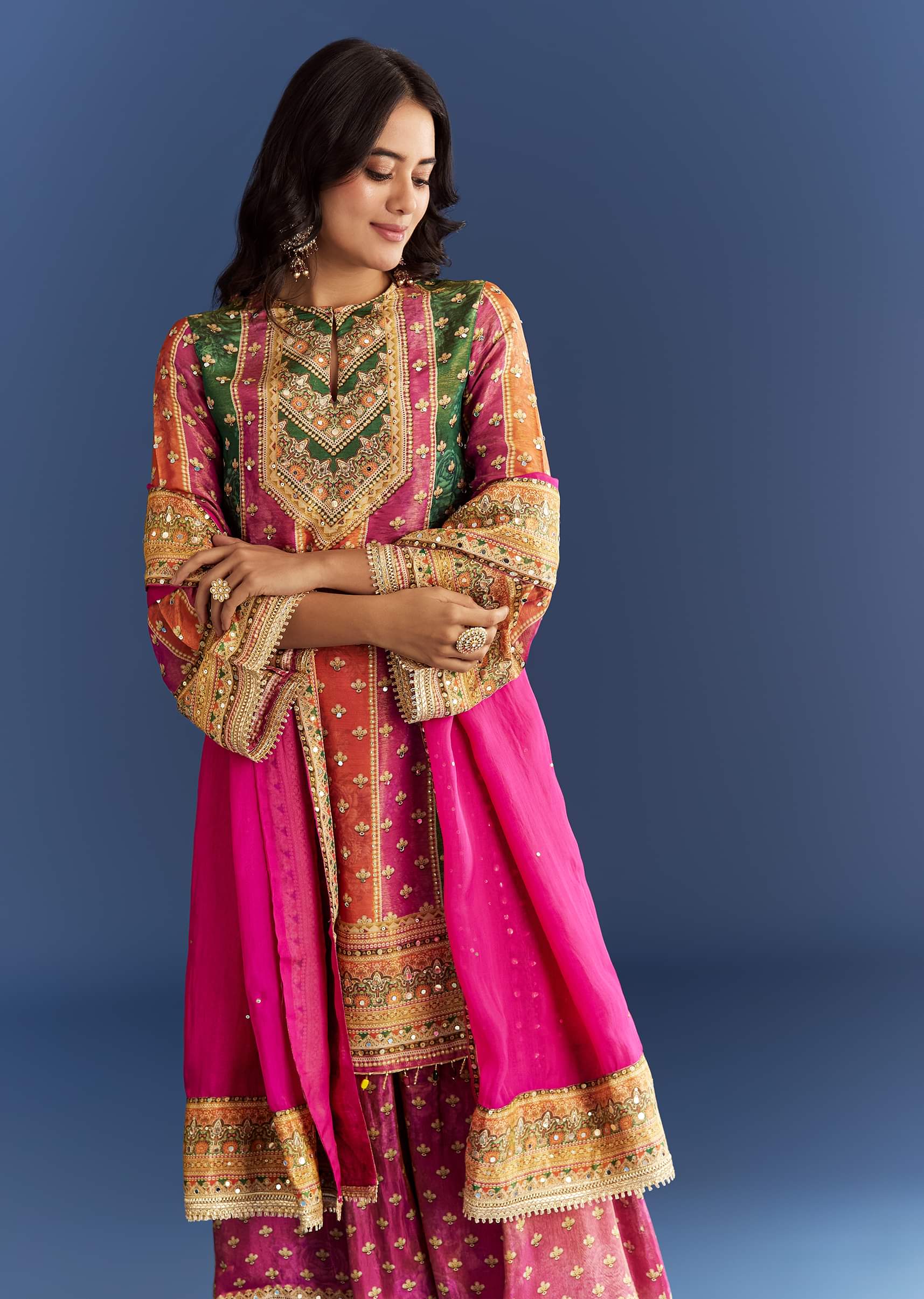 Pink Tissue Kurta With Printed Palazzo And Organza Dupatta - Image 4