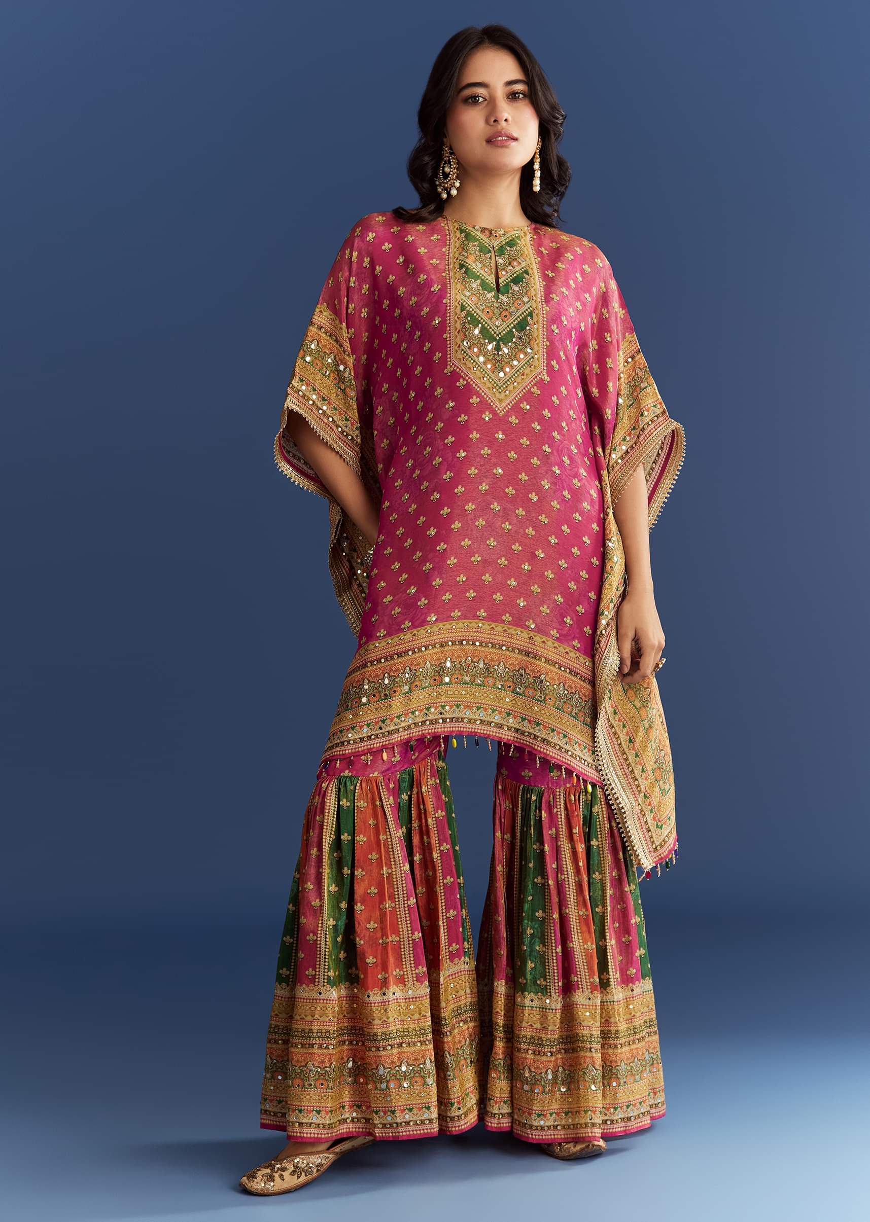 Pink Tissue Mirror Stone Embroidered Kurta With Printed Sharara - Image 3