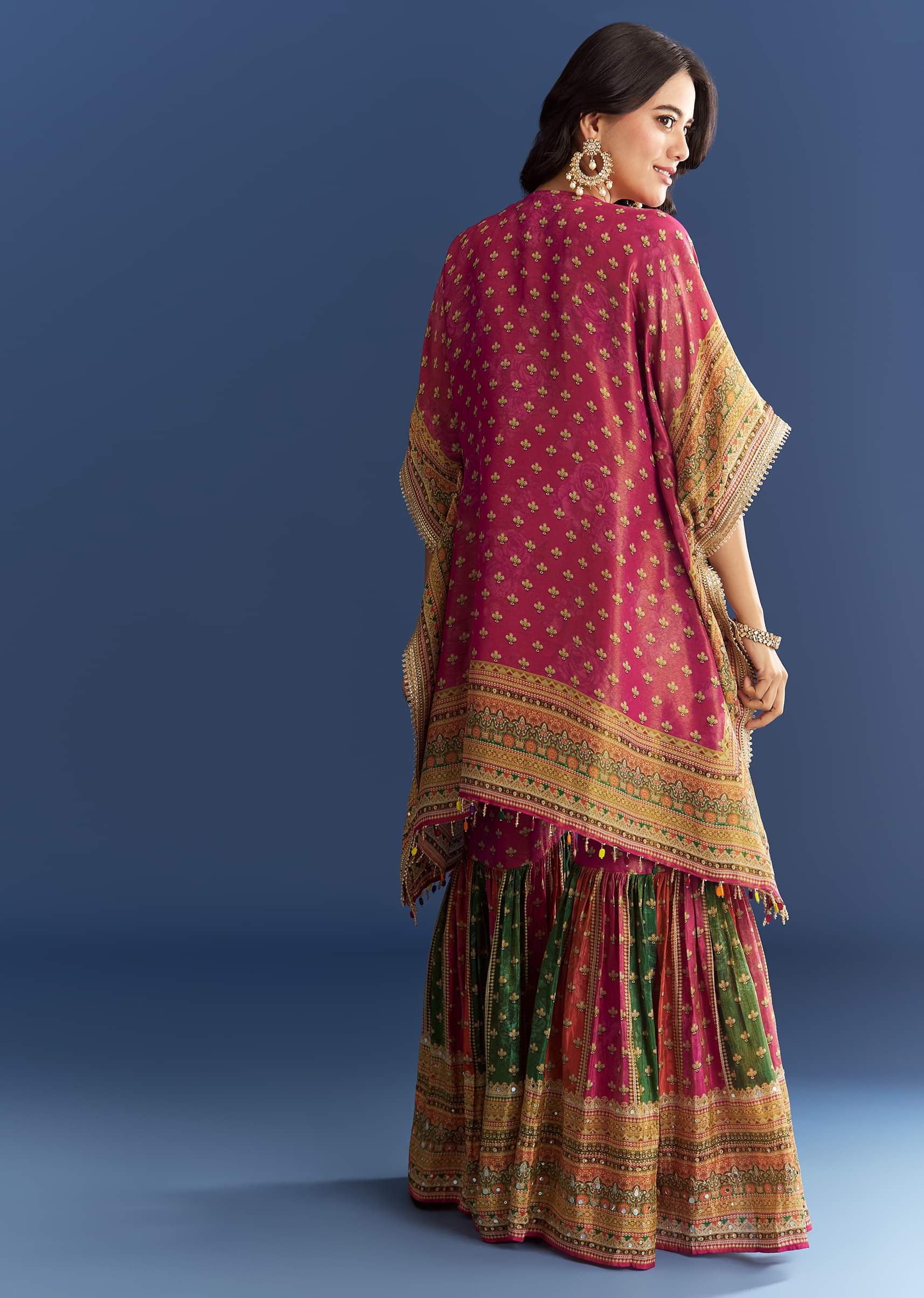Pink Tissue Mirror Stone Embroidered Kurta With Printed Sharara - Image 5