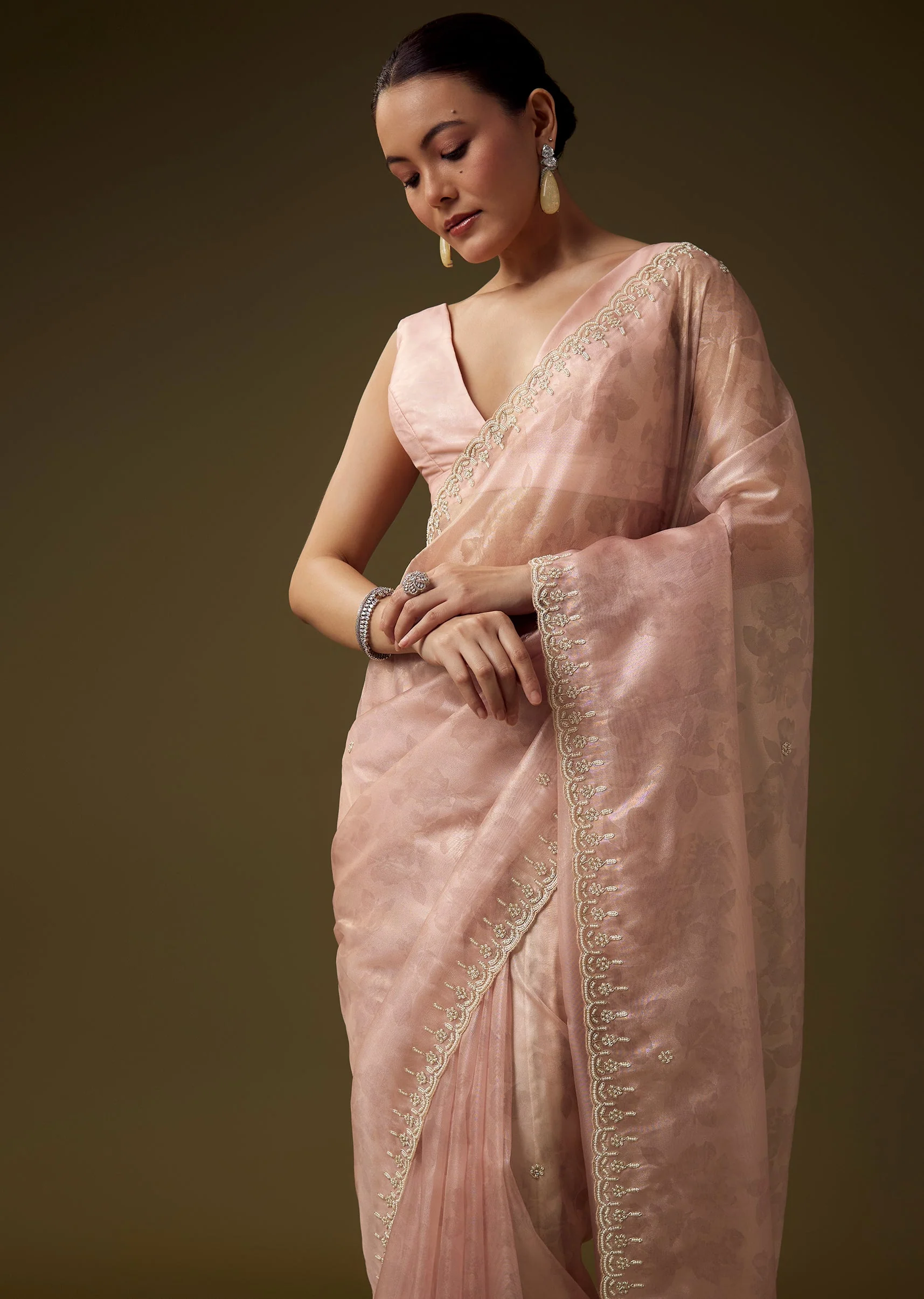 Pink Tissue Moti Embroidered Saree with Unstitched Blouse - Image 5