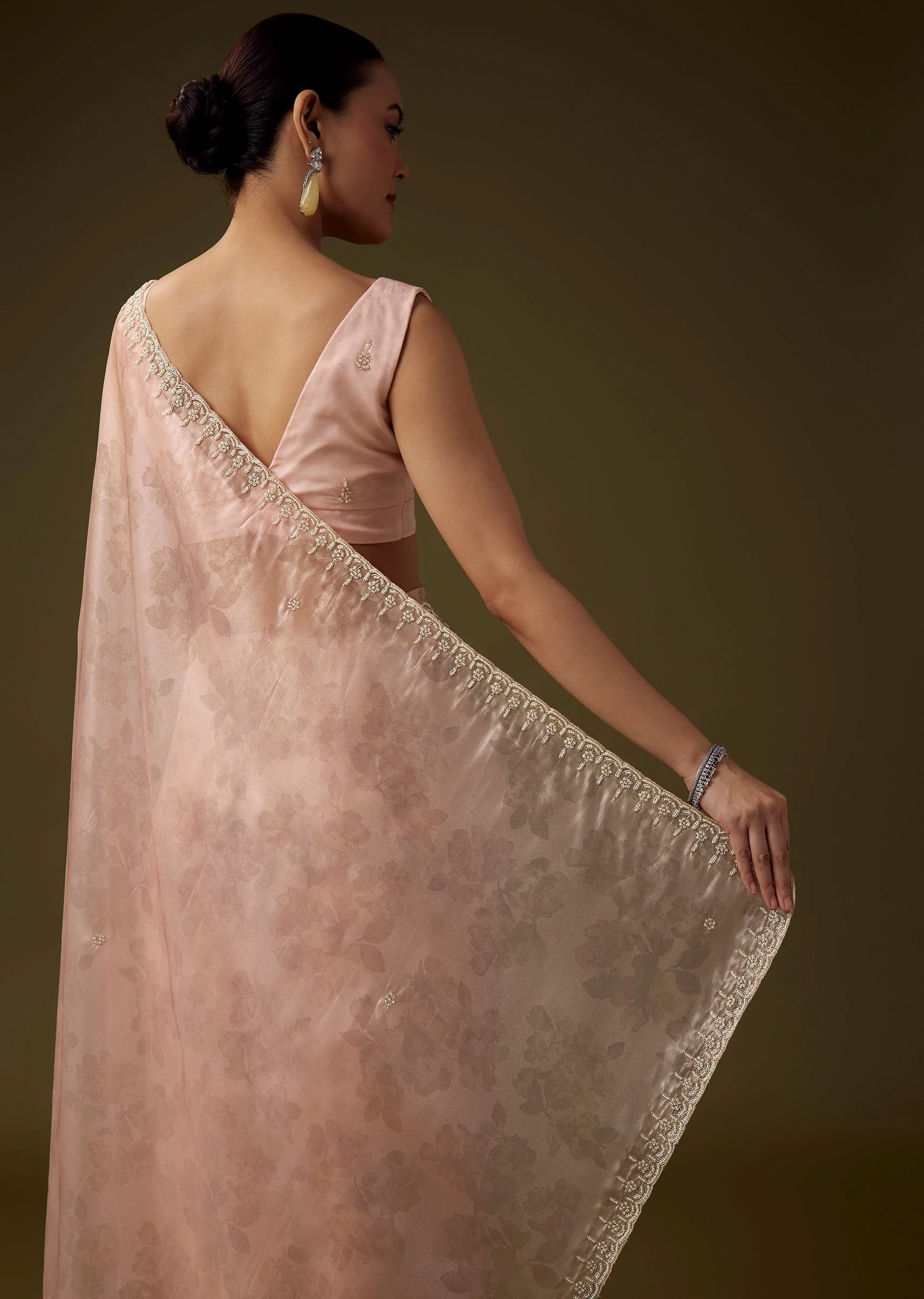 Pink Tissue Moti Embroidered Saree with Unstitched Blouse - Image 6