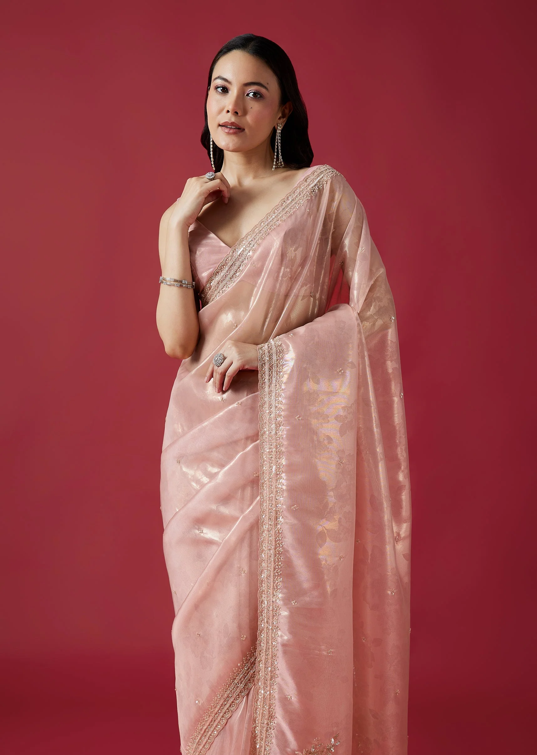 Pink Tissue Organza Jacquard Saree With Embroidered Scallop Border - Image 5