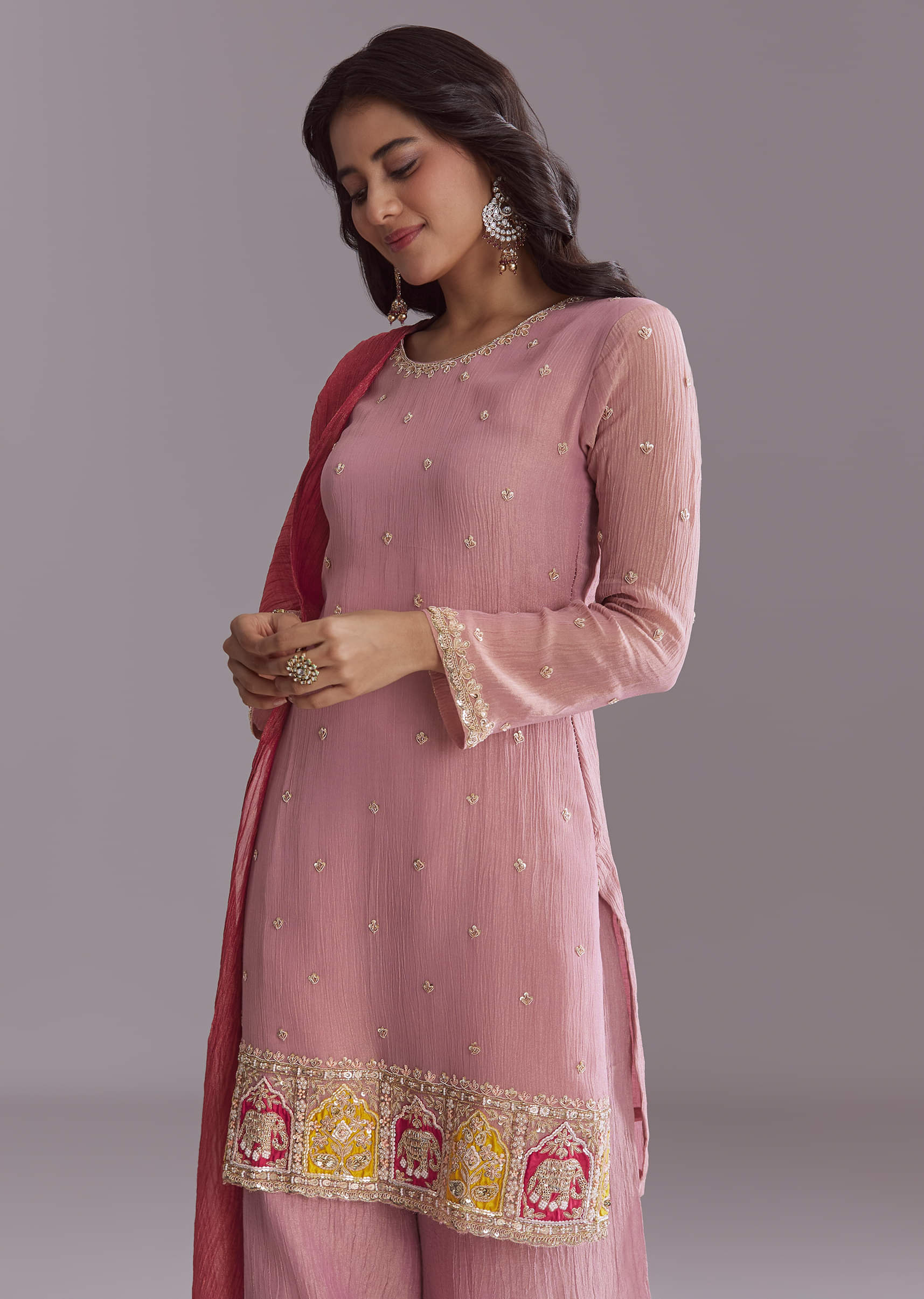 Pink Tissue Palazzo Suit With Embroidery And Contrast Dupatta - Image 4