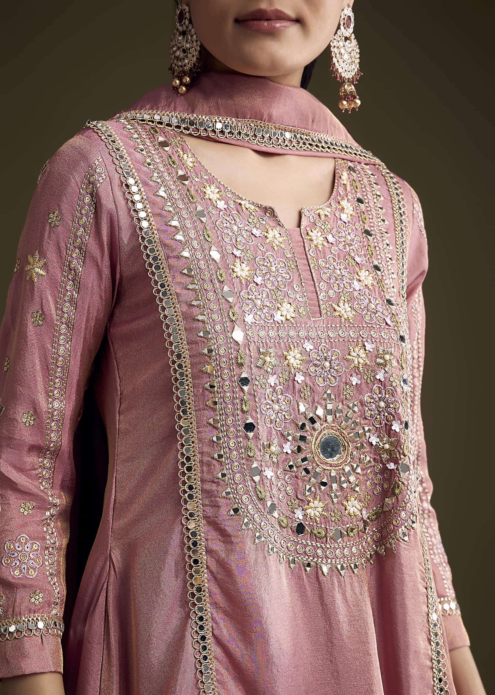 Pink Tissue Palazzo Suit With Mirror And Zari Embroidery - Image 2