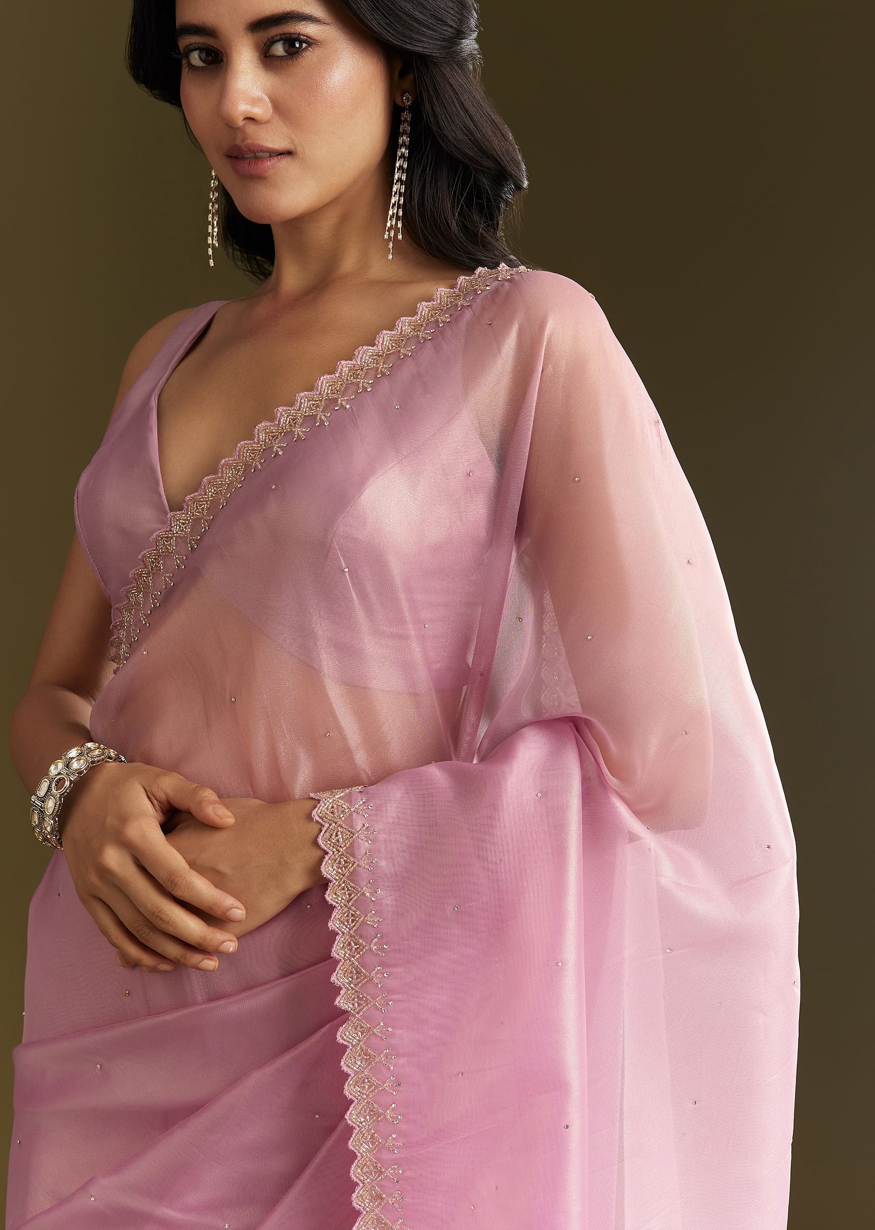 Pink Tissue Saree With All Over Stone Embellishment And Cutdana Scallop Border - Image 2