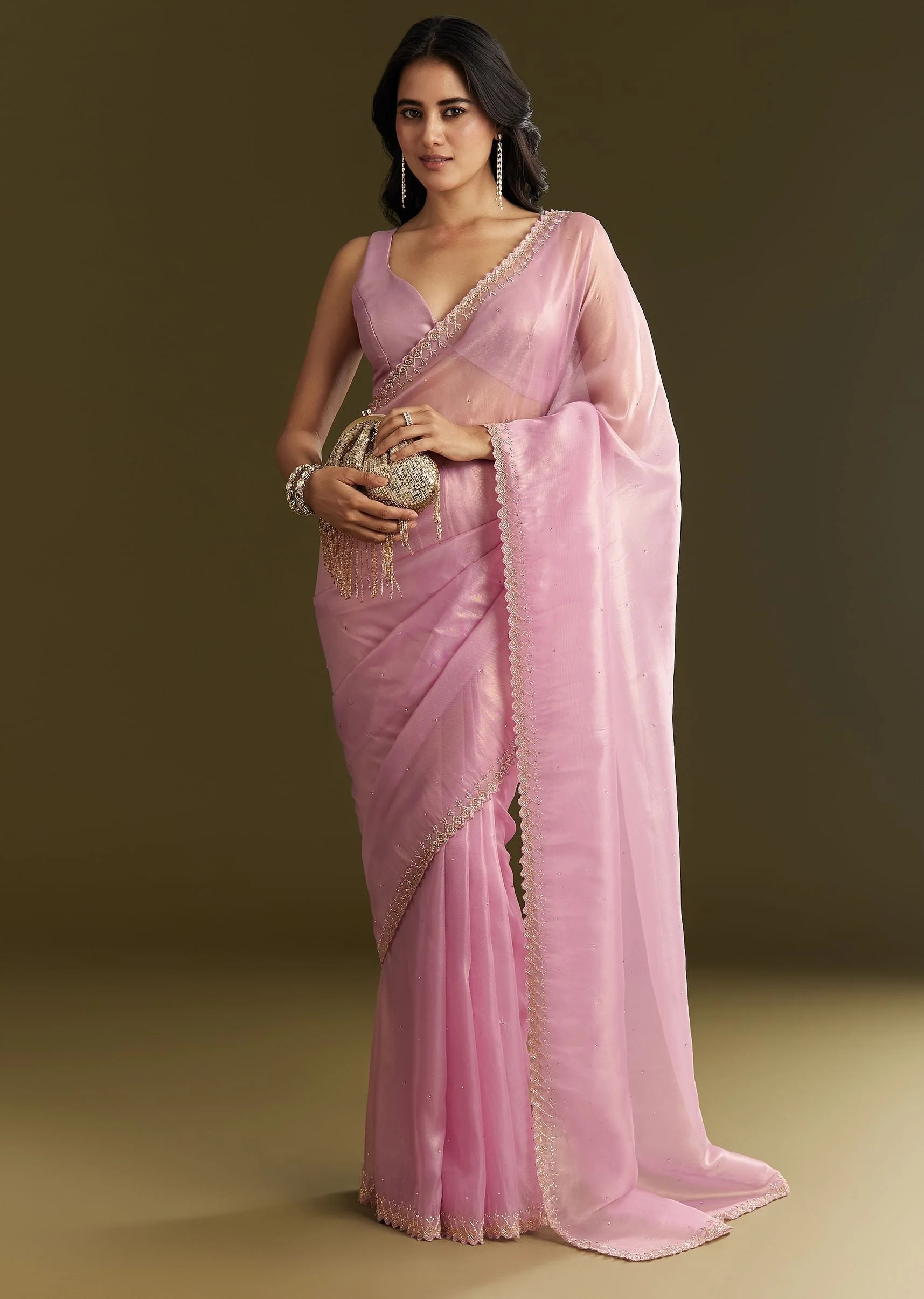 Pink Tissue Saree With All Over Stone Embellishment And Cutdana Scallop Border - Image 3