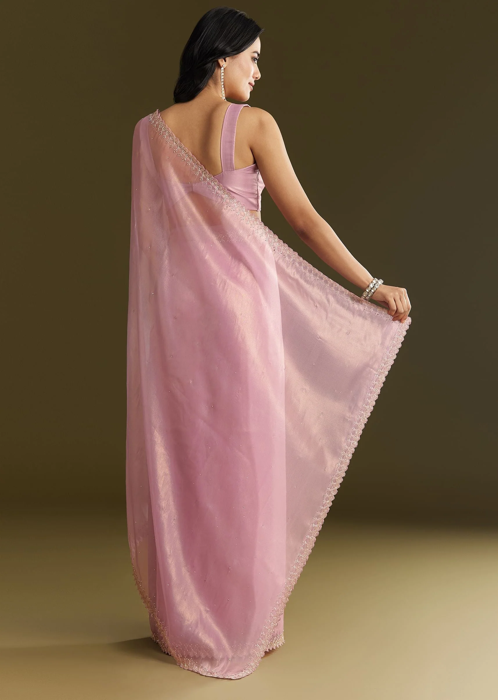 Pink Tissue Saree With All Over Stone Embellishment And Cutdana Scallop Border - Image 4