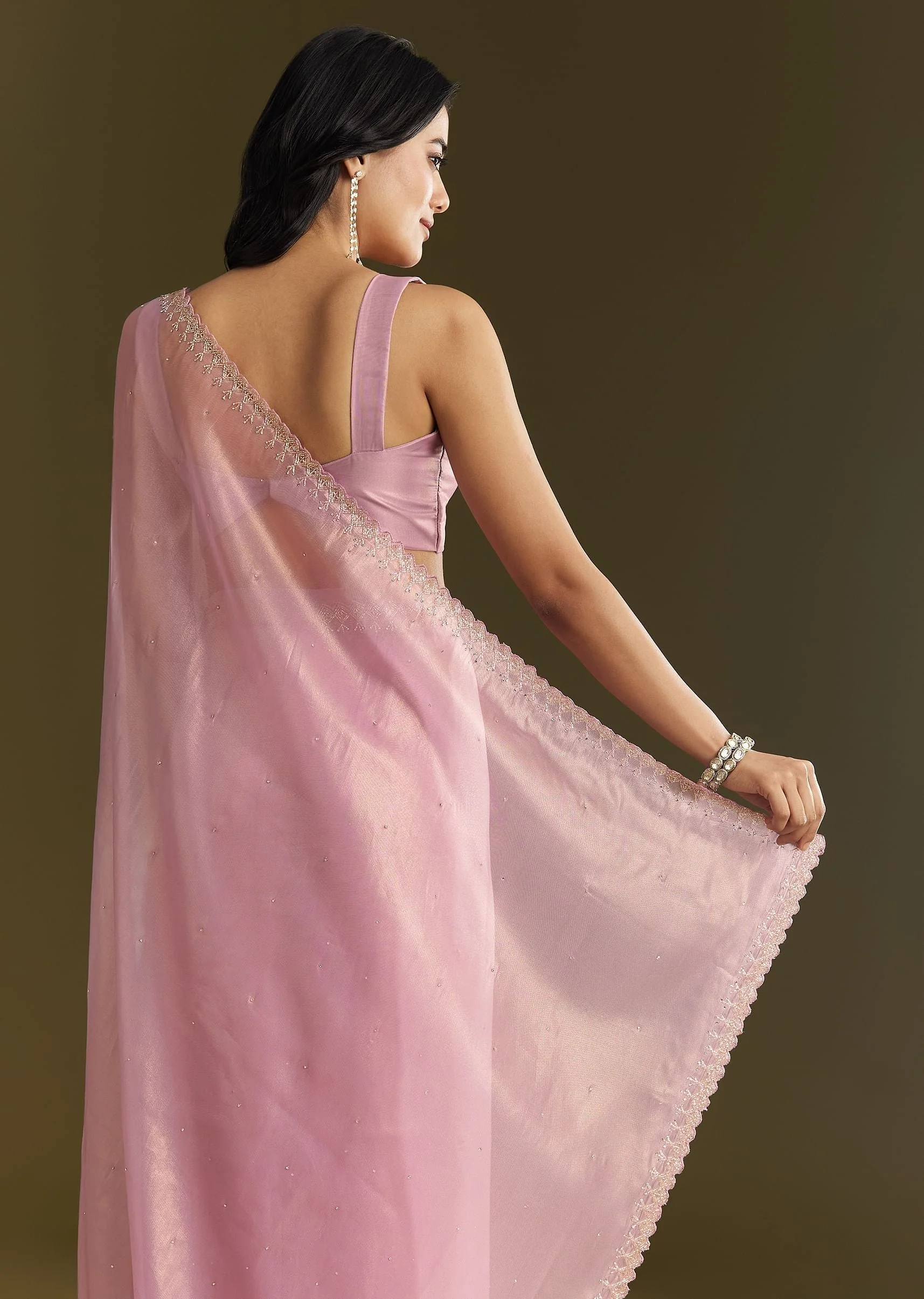 Pink Tissue Saree With All Over Stone Embellishment And Cutdana Scallop Border - Image 6