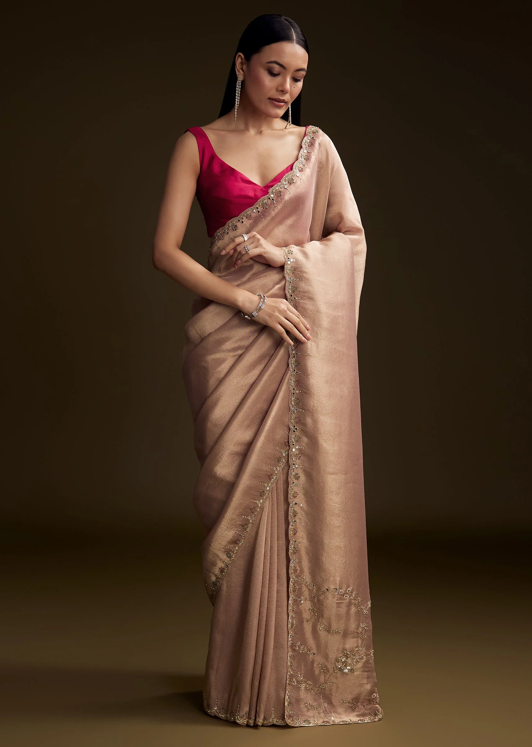 Pink Tissue Saree With Cutdana And Mirror Embroidery - Image 2