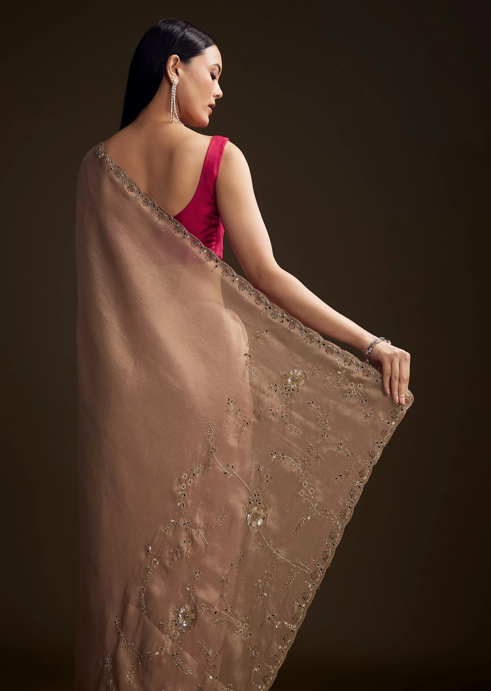 Pink Tissue Saree With Cutdana And Mirror Embroidery - Image 5