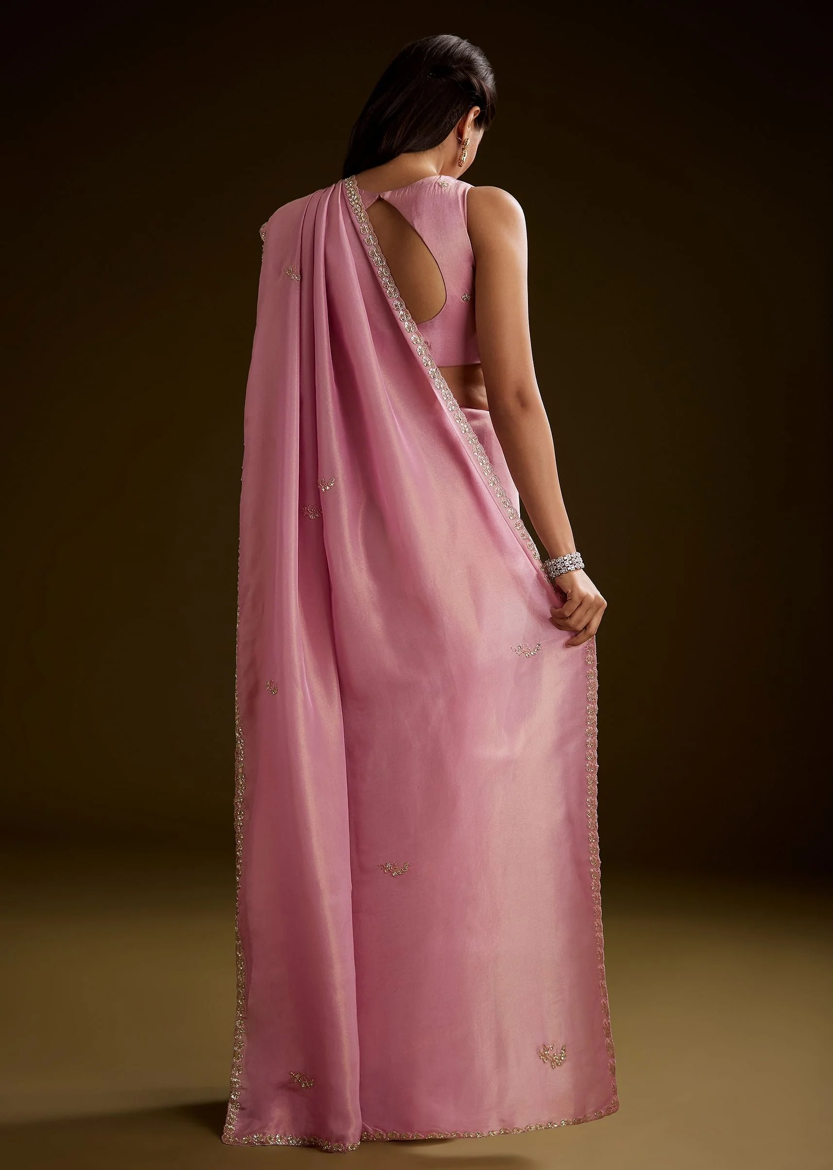 Pink Tissue Saree With Cutdana Embroidery And Scallop Border - Image 6